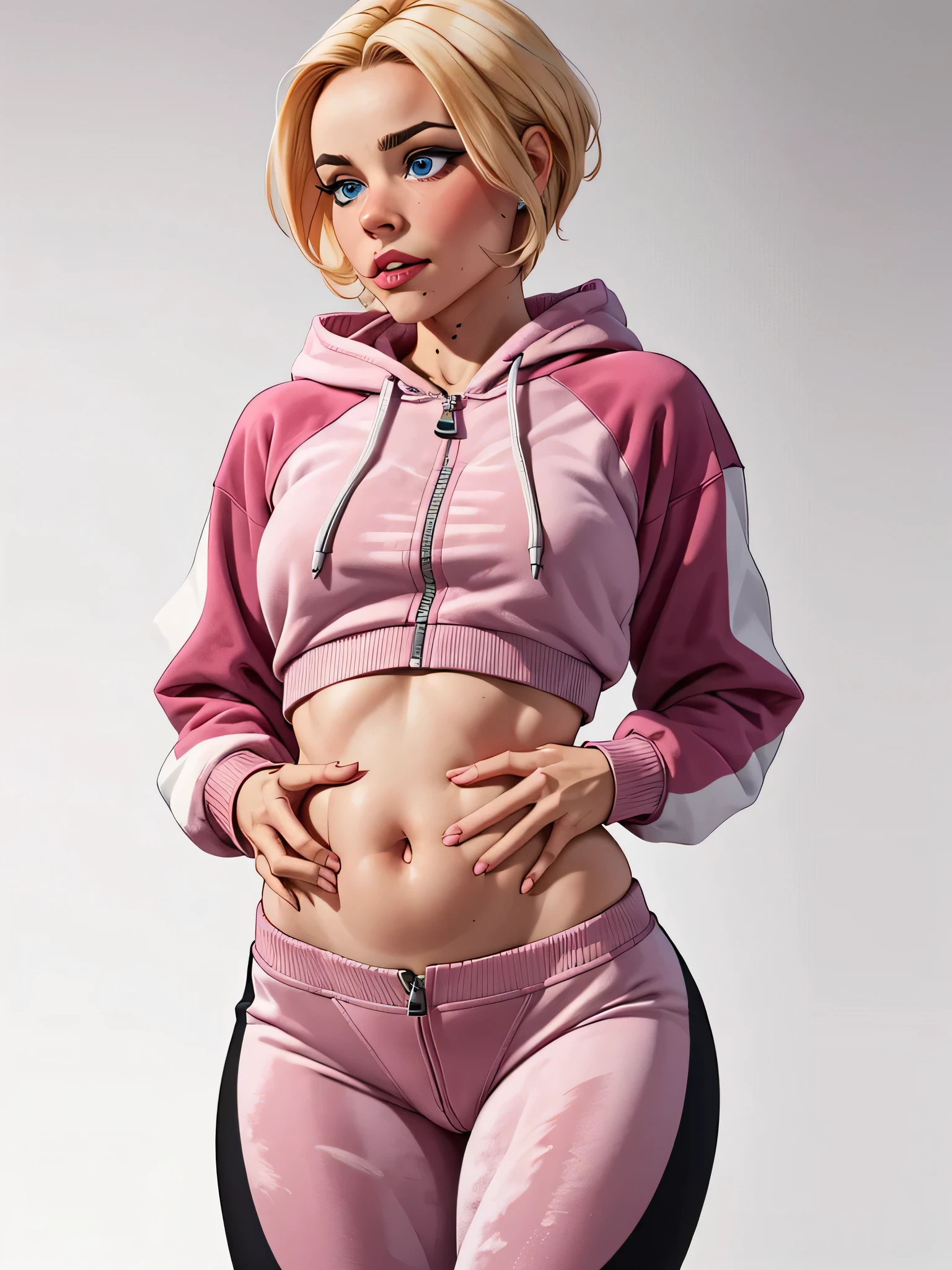 Girl with short blonde hair, blue eyes, Girl wearing a whitish pink  velvet sweatsuit, wearing a whitish pink sweatshirt with a white side stripe, with her belly showing, wearing black pants with a white side stripe,  Zip-up hoodie Close-up image, only belly, bust and head 