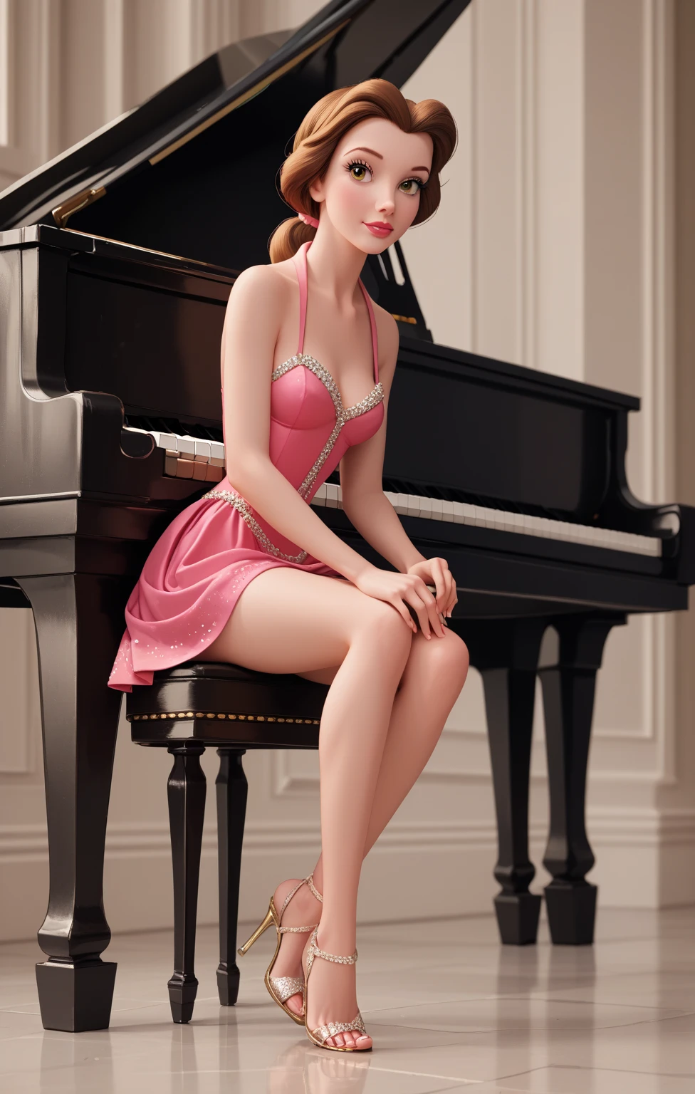 a fat lovely woman。Look at you with tender eyes(Brown eyes)。One hand brushed his sacsofon and let his bangs slide.,The other hand is behind his back。 is wearing short red dress(Sweaters)medium boob。Black stockings on the fat legs(A detailed)。Wearing cotton slippers on feet。Dewy, smooth and fair skin。There is a cute hairpin on the head。Perfect fat body proportion。Beautiful fat figure。8 k hd wallpaper, white piano(modern style home)the soft light。Lie down on piano 。With a charming and charming attitude