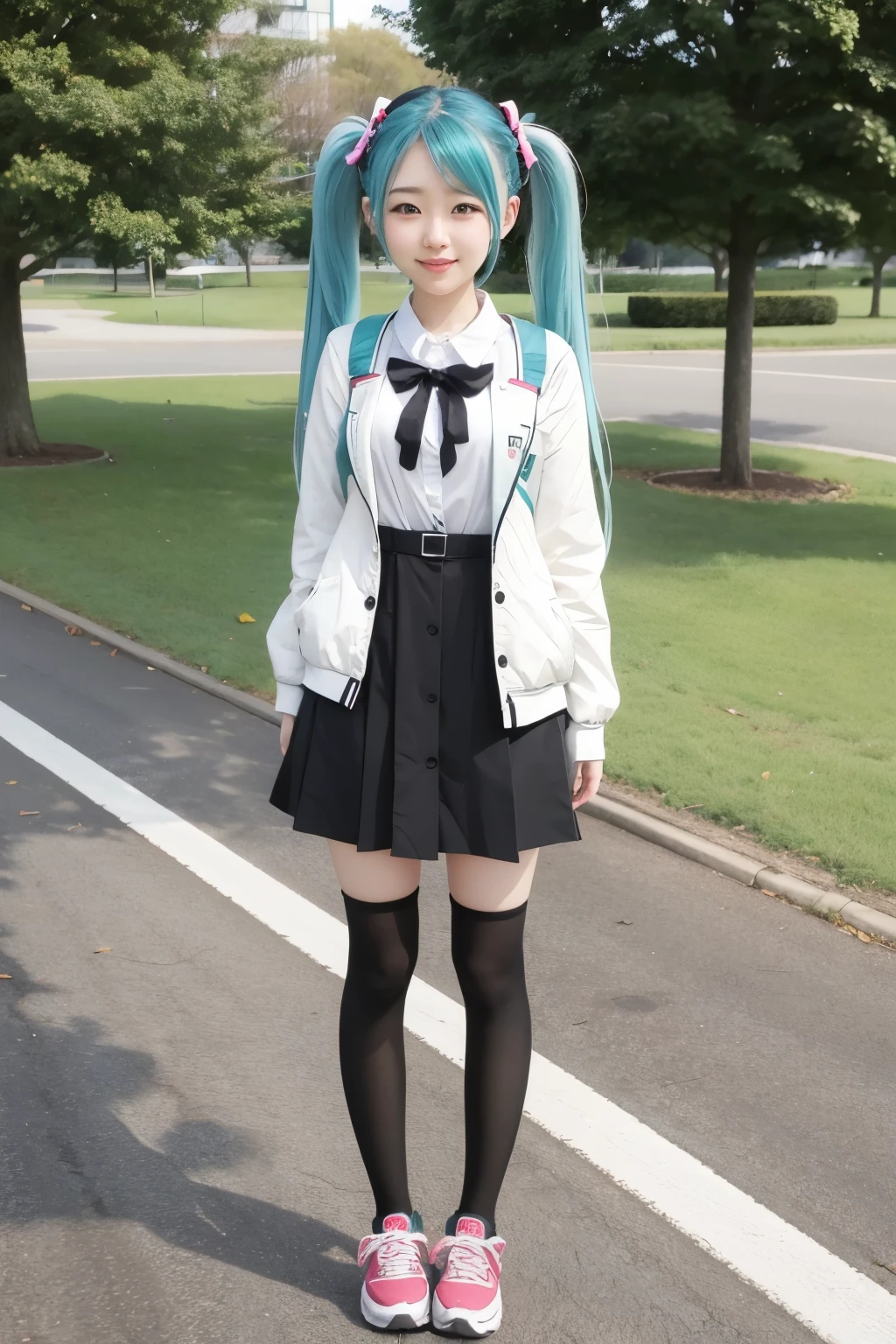 Empty school yard、Hatsune Miku Cosplay、Hairstyle、Are standing、Cute face、Smiling、Full body portrait