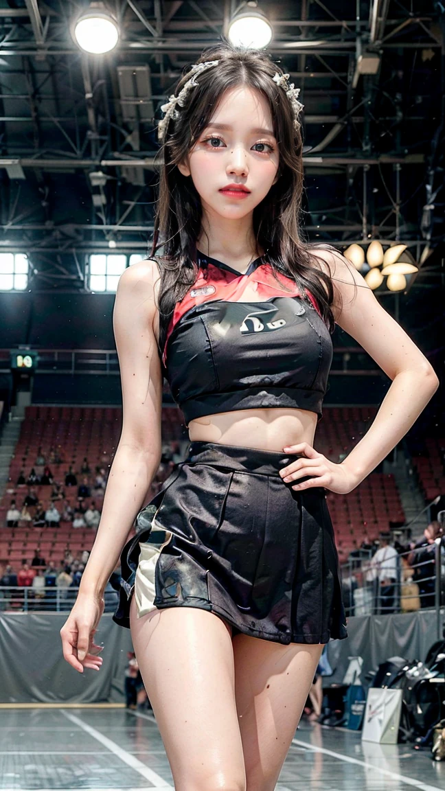 (8K分辨率,Full body photo in the distance,photorealestic,Wallpapers),(1 female,18yr old,(Facial features of Sakai spring water:1.8,Bones thin face,s delicate face),com rosto detalhado,(Light makeup),Beautiful face,com rosto detalhado,详细的脸,Ultra-fine makeup,Black colored eyes,Short shawl hair curled inward,(Windswept hair,Messy has layers),Redlip,Fair smooth skin,(Best Skin Type:1.21),mediuml breasts,(cheering party,Fitted sailor suit,high school school uniforms,((Red bow on chest))),Tall and tall,perfect hand,Perfect posture,Ultra-fine clothing material),(basketball playground,Exquisite arena details,(Faraway view,Cheerleaders,There were a lot of spectators in the audience,Teammates of the cheerleaders)),(expressioness:excited,exhilarated,confident smile,Rejoice),(Various basketball court lighting assistance,profesional lighting,动态照明),(Color contrast,subtle sensuality,vivaciousness,rays of sunshine(white colors,greys,blue colors)),(Golden section,Cinema lenses,Hasselblad photograp,tmasterpiece:1.3),(adolable,rays of sunshine,vivaciousness,cheering party,Sporty style,Artis,Official propaganda)
