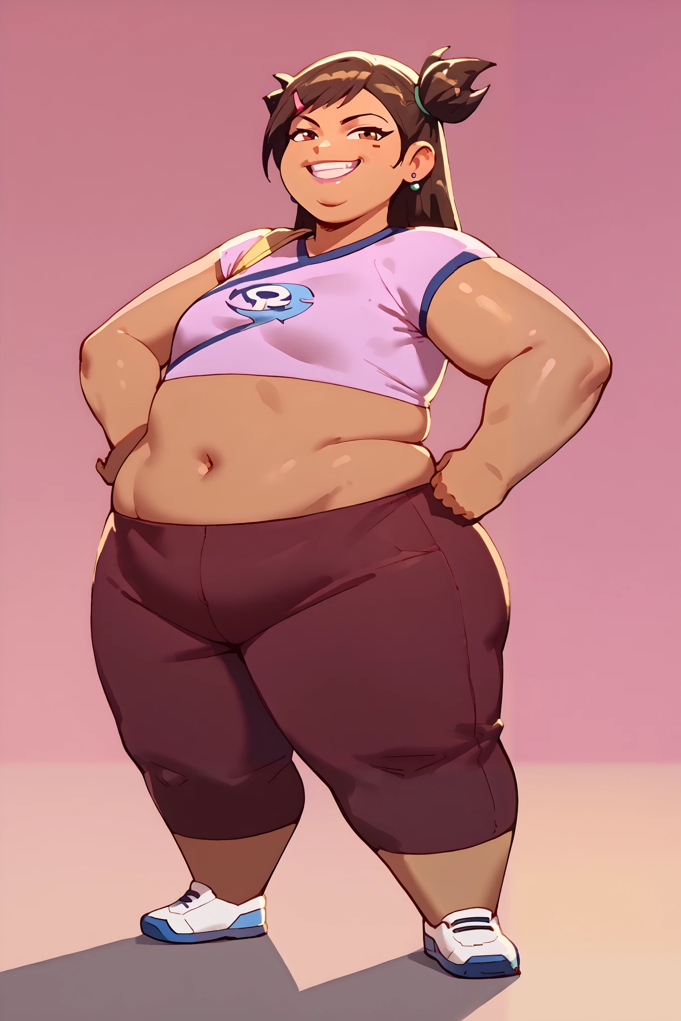 masterpiece, best quality, score_9, score_8_up, score_7_up, source_anime, full body, 1girl, Asian, brown skin, midriff, smug, smile