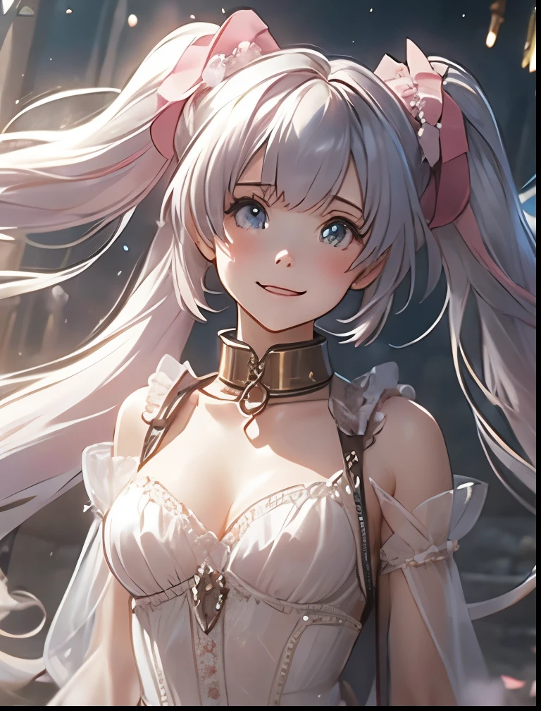 (((SFW、Precision、Highest quality、A first-class masterpiece、Normal body、8k、 Detailed Face 、Ultra-precision、 Normal hand、5refer to、Highest)))、" I said my ability was average"、Miles、 Adele Von Askam 、Pink silver hair、Warm Beautiful Girl 、 Slender 、 twin tails、Magic Swordsman、 soft smile 、 transparent transparent word、transparent clothing 、Shyly blush and smile 、The Fall of Slaves、lead slave collar、Chain、Iron Collar