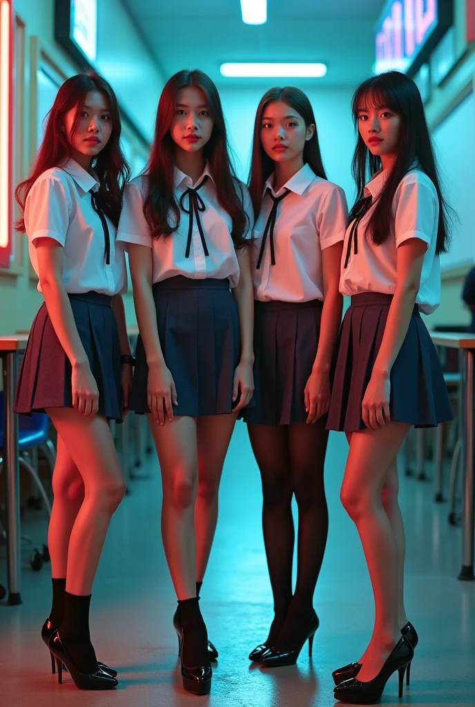 A shabby and worn-out public restroom).Korean woman.korean beauty.Korean model.South Korean girl groups. She is wearing a tight white school uniform shirt, a blue tie, a black skirt, a short tight school uniform skirt, and black fishnet stockings that reach her thighs..
(Big hearted).(full body shot).(front shot).realistic.G-cup chest.
The pelvis is a supermodel. The shirt button is undone, revealing a black bra..(((5 girls)))