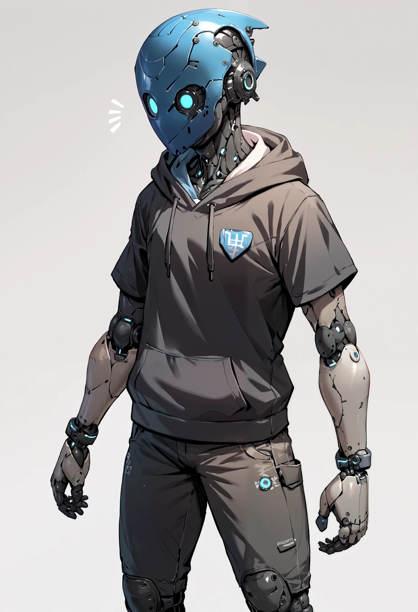 ((best quality)), solo, score_9, score_8_up, score_7_up, score_6_up, score_5_up, score_4_up, ((cyborg:1.2)) (((noface))), black hoodie with short , 1 person, black body, robot helmet head, (((two blue dots))), ((Black hoodie with short sleeves with hood on)), ((black cargo pants with knee pads)),
