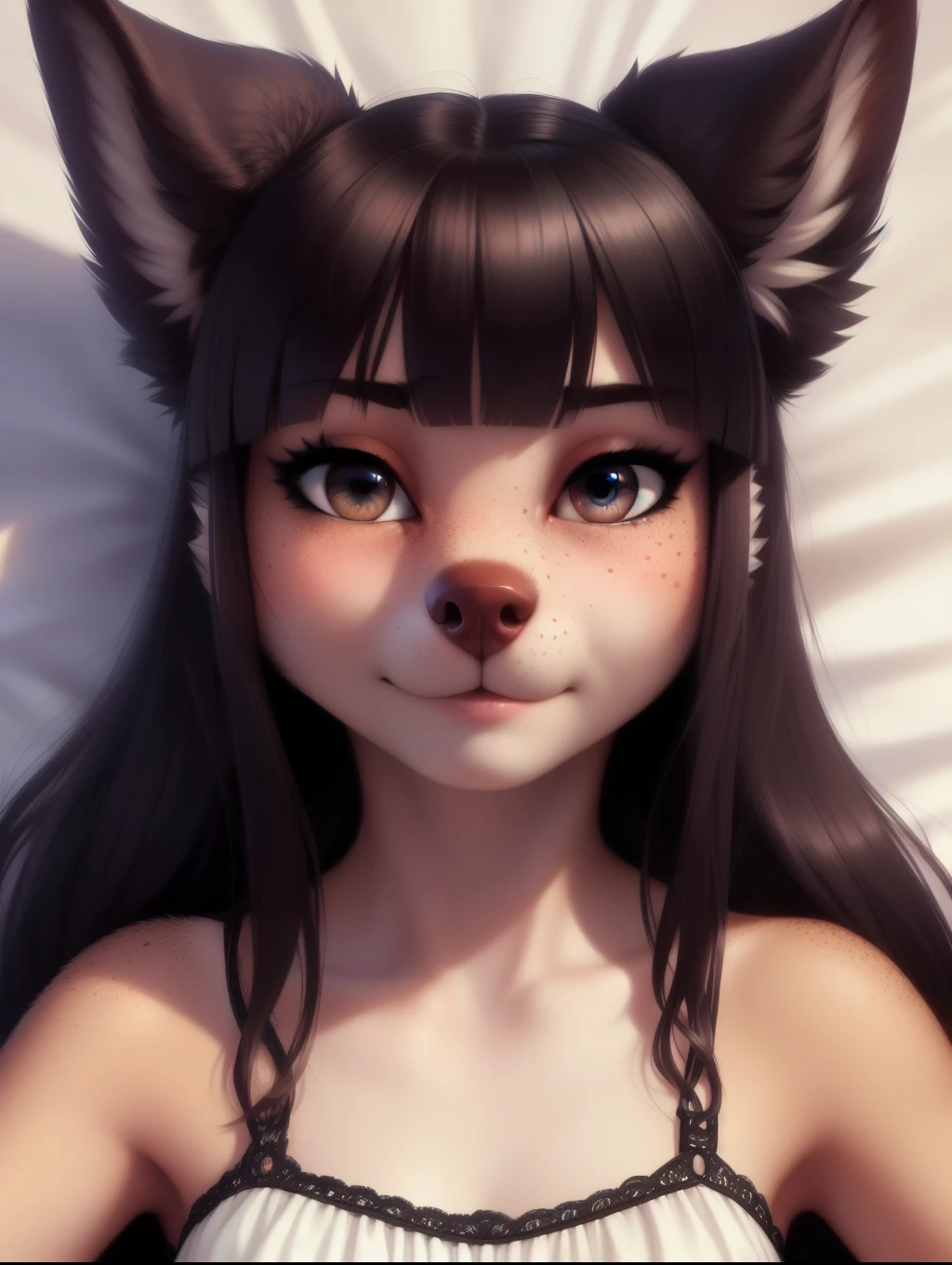 3d fluffy An open shirt, paintball, passionate, Starlet, Short, Lean, Square Face, Dark Skin, Dark Brown Hair, peach Eyes, [[Curved Nose]], Thin Lips, Sharp Chin, Long Hair, Coarse Hair, French Twist, perky breasts, , cream sheer lipstick, a lush, green meadow filled with wildflowers, 8k uhd, high quality, Fujifilm XT3, raw photo, masterpiece, closeup cute and adorable, cute big circular reflective eyes, long fuzzy fur, Pixar render, unreal engine cinematic smooth, intricate detail, cinematic