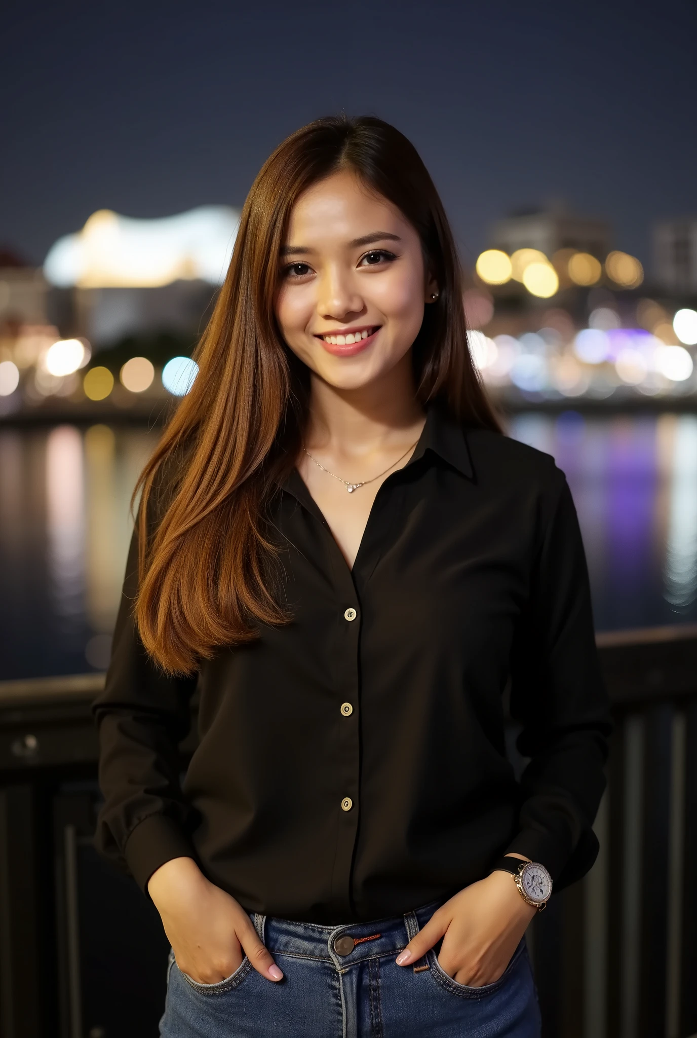 A beautiful indonesian female with long straight hairstyle,25 years old. indonesian face, highly detailed beautiful face and eyes, attractive face, charming face, Full body, curvy body, white skin, medium breasts, anatomically correct, long straight hair, brown hair. Wearing black shirt, jeans, necklace. Background overlooking a beautiful river and city at night, close-up. Standing facing forward, Look at viewer, smile showing teeth, hand in pocket. Ultra detailed body, highly detailed appearance, hyper quality image. Bokeh. Hyper resolution. Ultra high realistic image. 16k. Ultra detailed