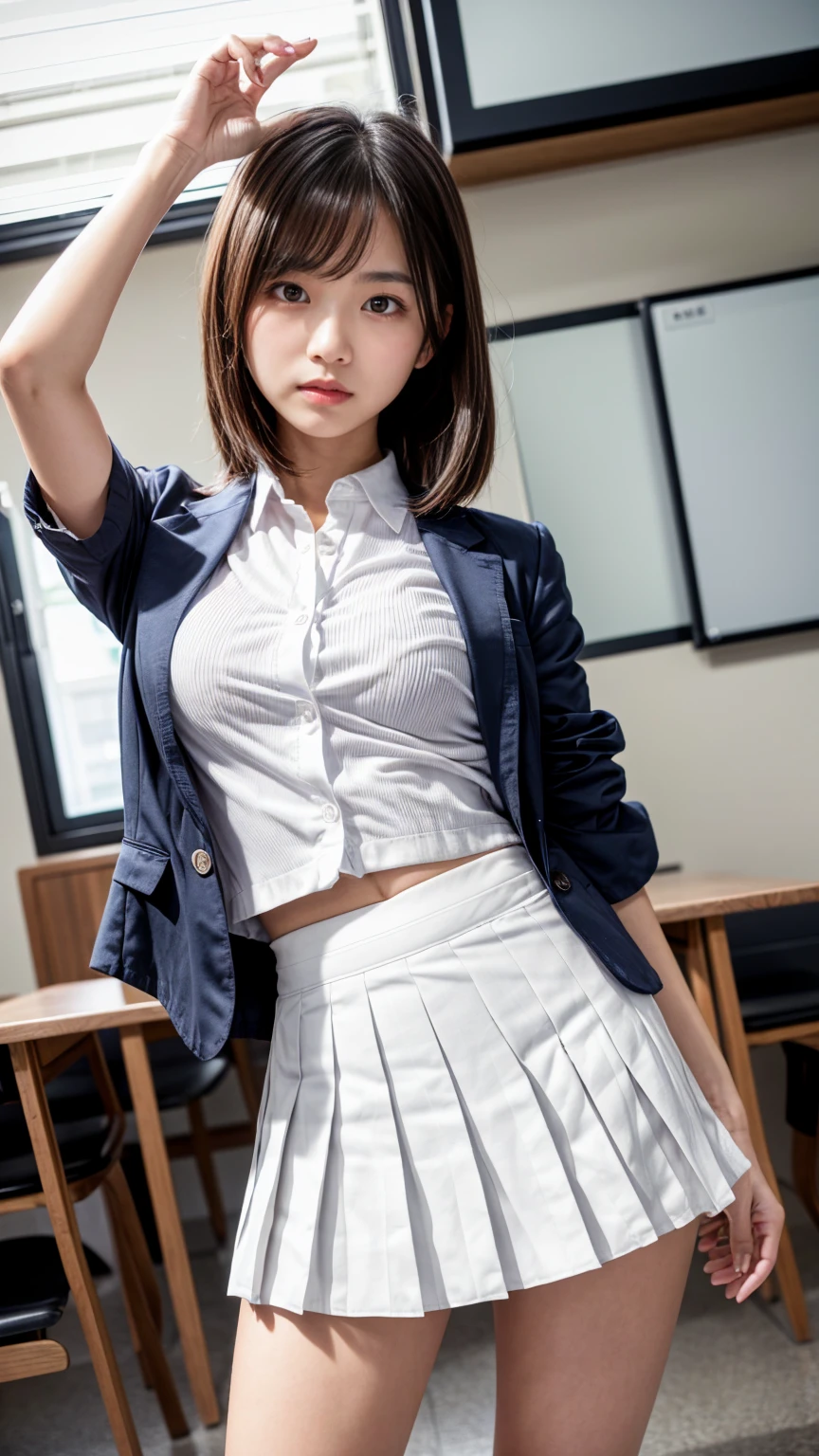 Ultra-realistic 8K CG,masterpiece,小顔のFemale Space Detective Annie、((Highly detailed background, Delicate pattern, Intricate details)),Brown mini skirt、Panchira action scene、Brown vest、Western-style clothing、Ultra mini skirt、White shorts,Female Space Detective Annie、Brown mini skirt、White panties、High Kick、Spread your legs wide、White pantiesがよく見える、Female Space Detective Annie、立膝で股を開いてWhite pantiesが見えている、Beautiful boobs、居合いのポーズでWhite pantiesが見える、front、Beautiful thighs、highest quality,very detailed 顔,andても美しい目 and 顔,and