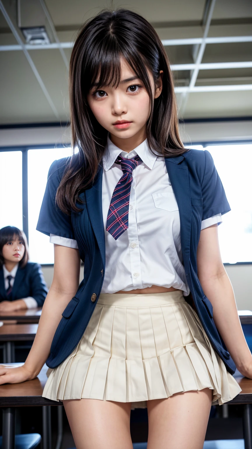 top-quality、​masterpiece、Photorealsitic:1.5、With all the fortook visible from behind:1.5、Looking back with an emotional expression、report、Japanese gravure model beautiful high school girl、Black hair short bob、Bangs、18year old、Schoolgirl Uniform、skinny、flat boobs、(Visible lower milk、Uniform with visible ribs and navel)、open one's legs 、T back、Detailed pubic bone、skinny、panic at the sight of the audience、school classrooms、sexy  pose、ssmile