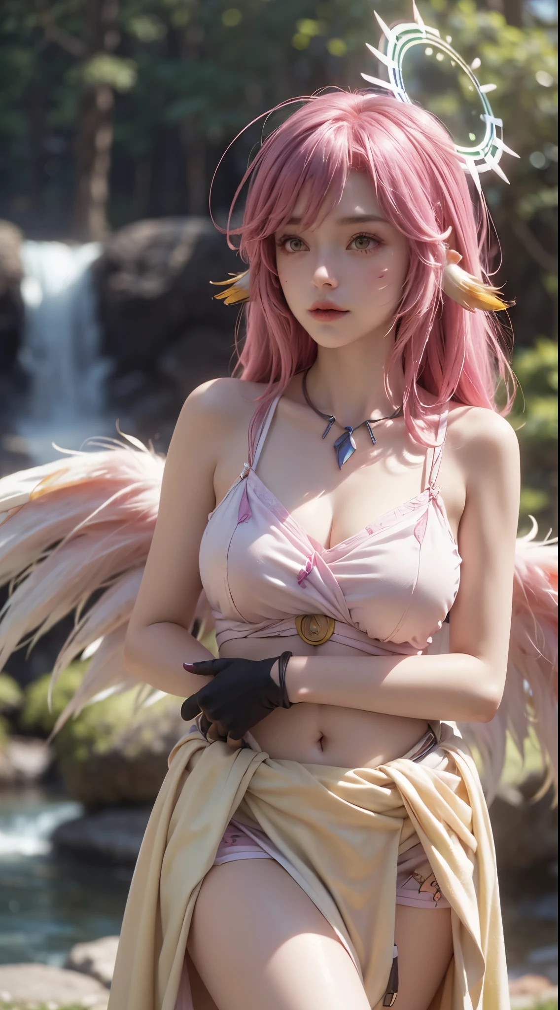 1 girl,(dressed in a fantasy costume resembling a fairy or angel. The character is adorned with large, white wings on their back, wearing a white and light-colored outfit with floral decorations and a green sash around the waist. They are accessorized with a tiara, necklace, bracelets, and lace-top stockings. The background features a tropical setting with a pool, palm trees, and flowers. The character's pose exudes playfulness, dynamic stance,,open lips,charming smile,((huge breasts), shiny skin,Detailed hair,(tattooed:1.2),((8k, RAW photos, top quality, masterpieces)), high-definition RAW color photos professional photos, (realistic, photorealism: 1.37), (highest quality), (best shadows), ( ultra high resolution, high-definition CG unified 8K wallpapers, physically based rendering, movie lighting),elise