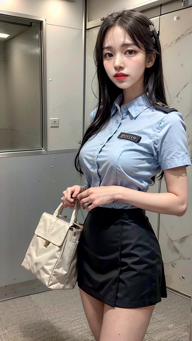 optimal quality,masterpaintings,ultra-high-resolution,(fidelity:1.4),Original photo,office room,Dress conservatively,bangss,1 young girl,cinamtic lighting,Bright yellow striped shirt,Denim pants,Employee badge on the chest,
