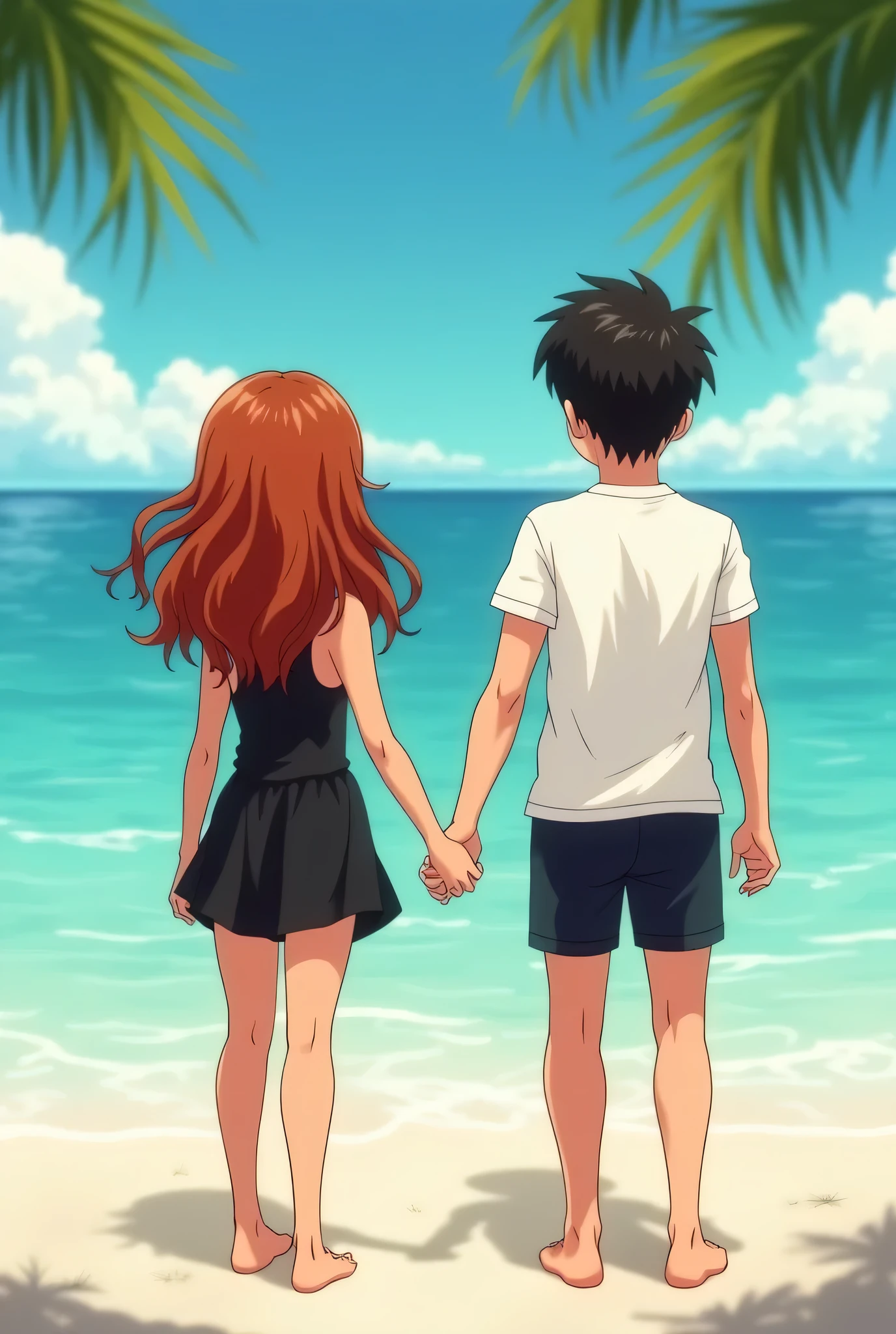 a couple, in the beach, girl embraced by boy, girl wear a mini dress, long hair, and boy wear shirt and shorts
