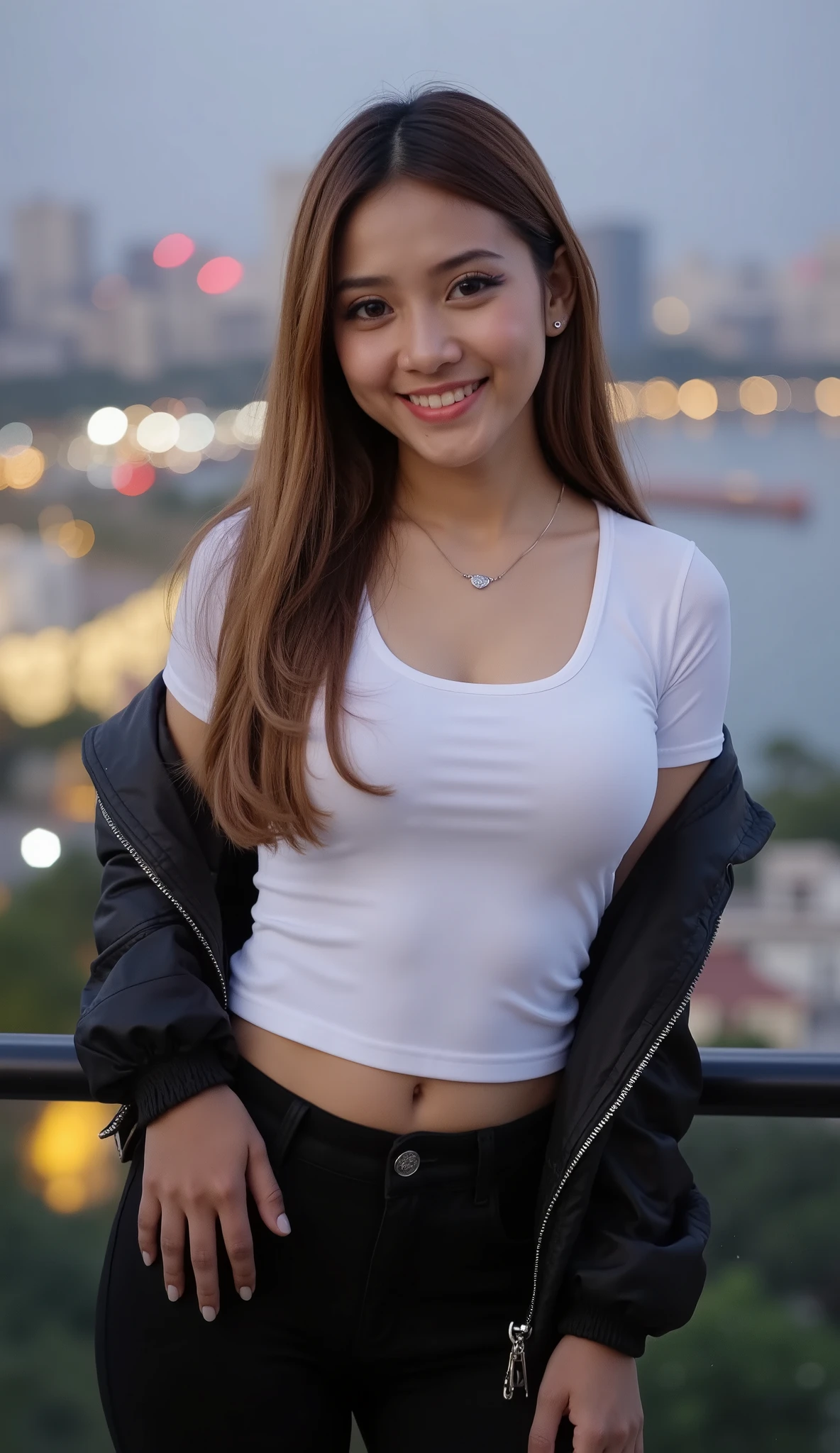 A beautiful indonesian female with long straight hairstyle,25 years old. indonesian face, highly detailed beautiful face and eyes, attractive face, charming face, Full body, perfect body, white skin, medium breasts, anatomically correct, long straight hair, brown hair. Wearing white t-shirt, black jeans, cropped jacket, necklace. Background overlooking a beautiful river and city at night. Standing facing forward, Look at viewer, smile showing teeth, hand in pocket. Ultra detailed body, highly detailed appearance, hyper quality image. Bokeh. Hyper resolution. Ultra high realistic image. 16k. Ultra detailed