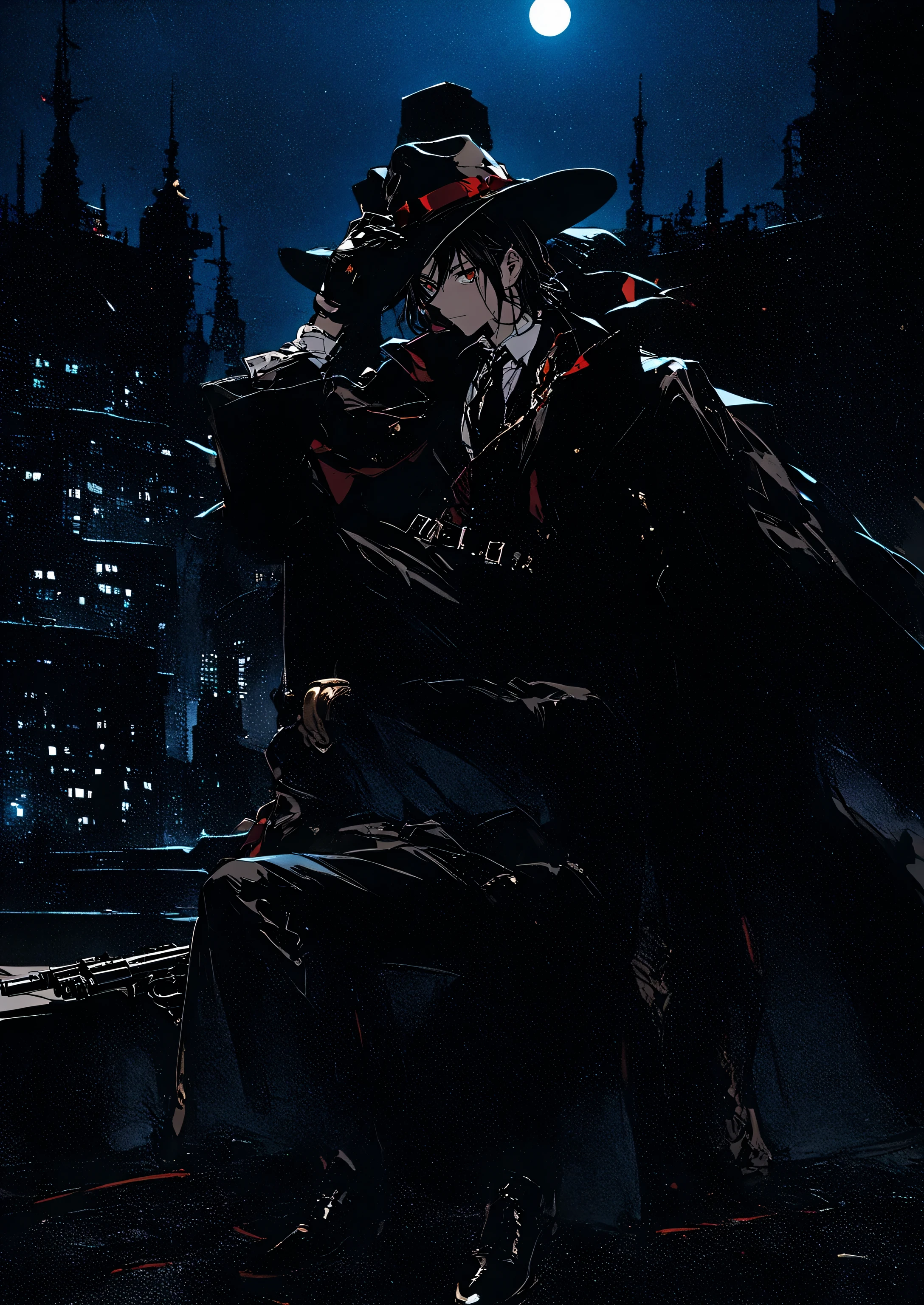 On top of a building at night with two pistols and wearing a hat