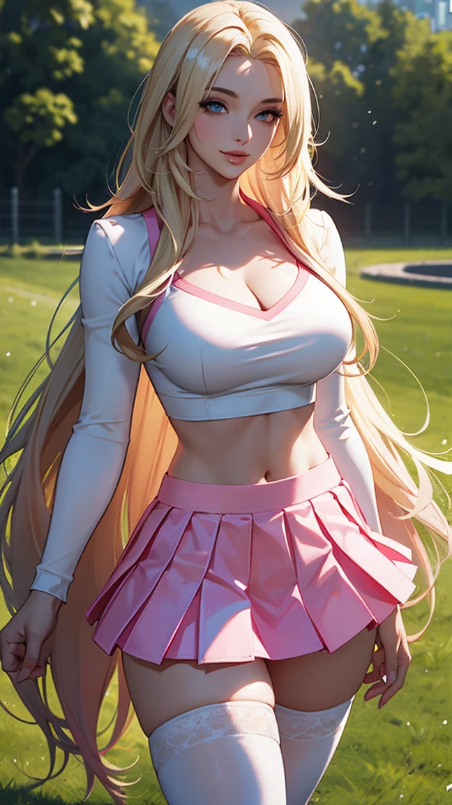 Highest Quality, ​masterpiece, beautifully detailed eyes, green eyes, long Blonde Hair, Gradient Hair, pink highlights in hair, large breasts, standing, makeup, glossy lips, full lips, (natural lighting), grass, cheerleader, light smile, midriff, collarbone, thigh highs,  white miniskirt, cleavage voluptuous, well-proportioned feminine body, anatomically perfect, detailed beautiful face, promotional photo, panel photo, shy charming smile, 