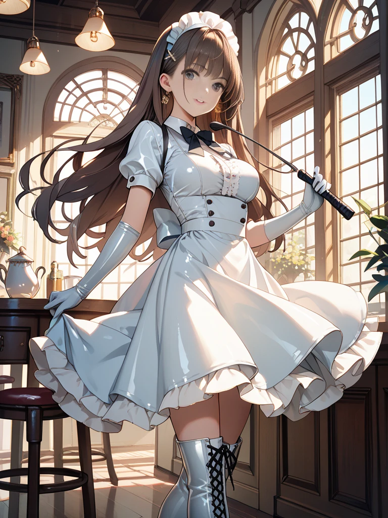 Woman body definition thick thigh cybernetic body parts, white long skirt, long skirt