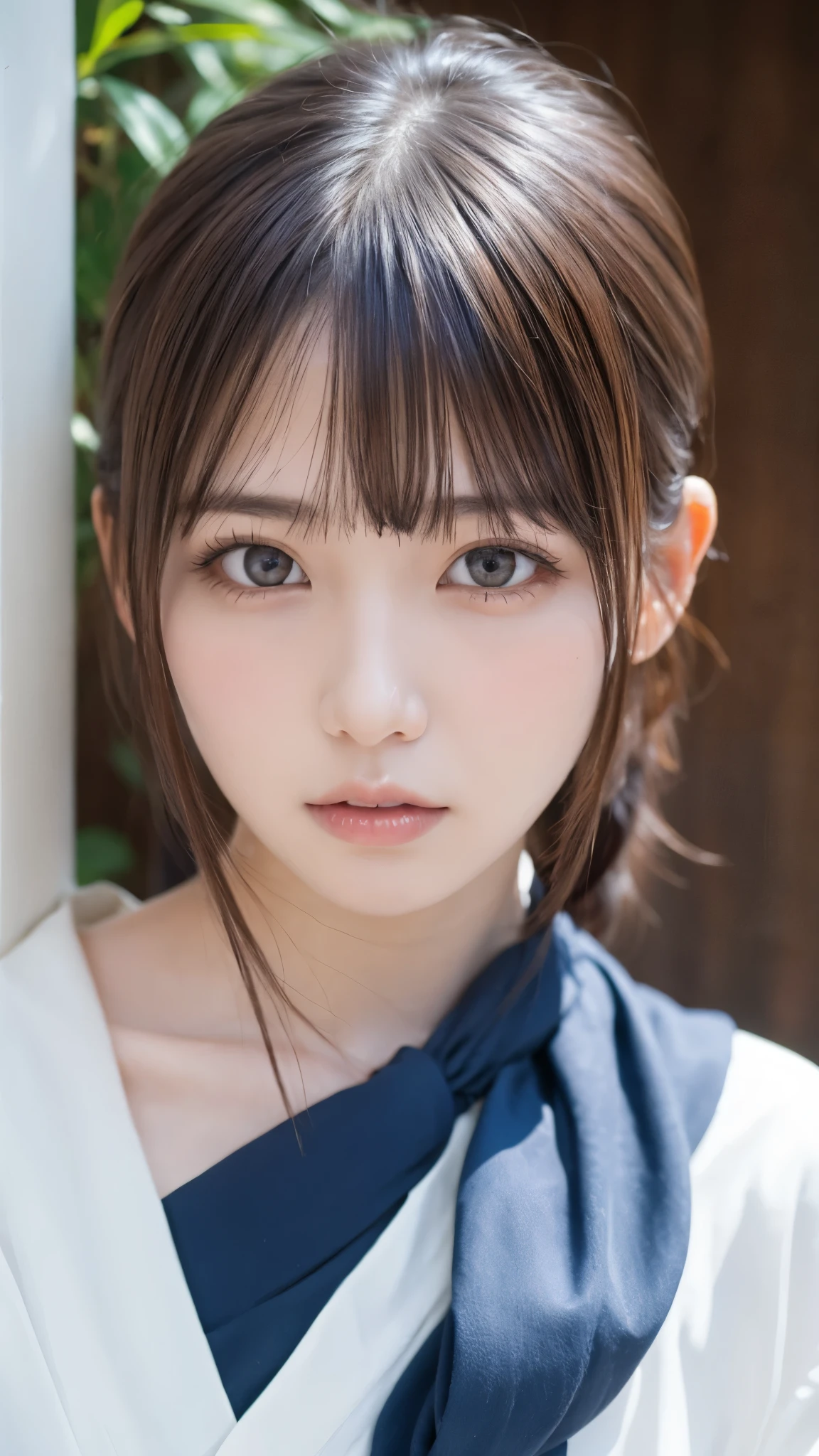 ((masterpiece, best quality , high resolution)), 1 girl , ( realistic: 1.4), Alone, , Closed Her Mouth , A little brown hair, long hair, ponytail, big eyes, transparent double eyelid , eyelash, Listen carefully, Long neck, attractive proportions, shiny skin, golden ratio face , perfect face, bangs, 7:3 bangs, lip gloss, thin lips, blue kimono,Temple,Full moon night, blue furry sleeve,