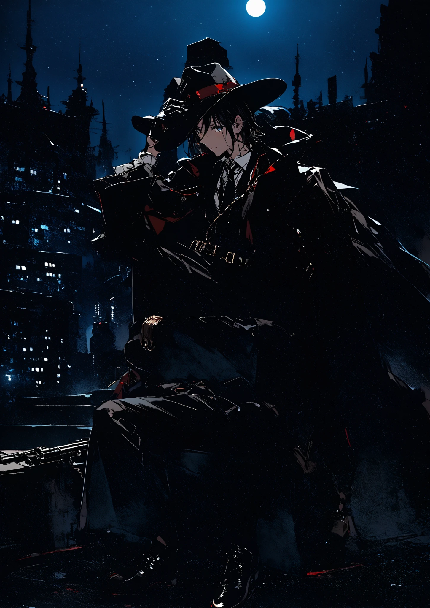 On top of a building at night and wearing a hat