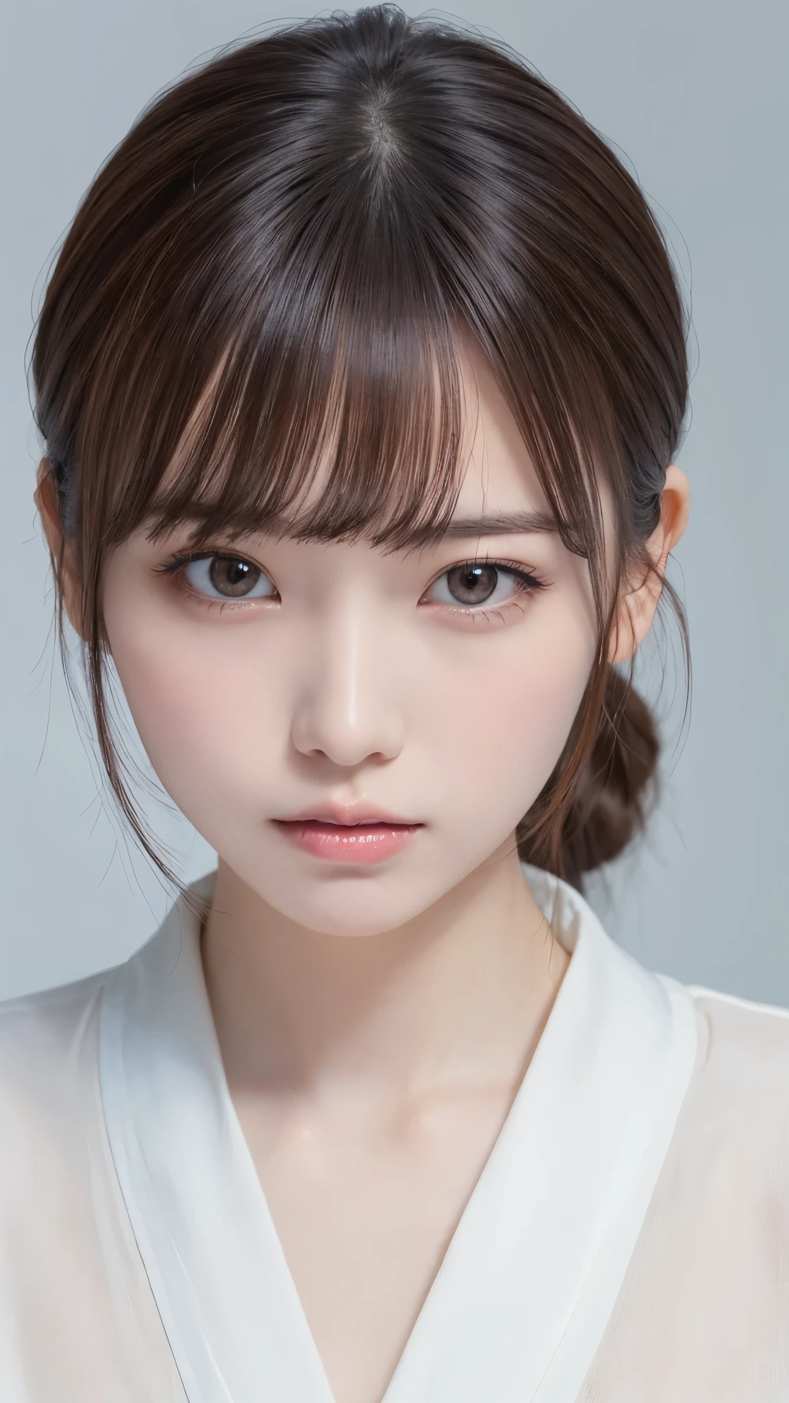  ((masterpiece,  best quality ,  high resolution)),  1 girl , ( realistic: 1.4), Alone, ,  Closed Her Mouth , A little brown hair,  ponytail,  big eyes,  transparent double eyelid , eyelash, Listen carefully, Long neck,   attractive proportions,  shiny skin,  golden ratio face ,  perfect face, bangs, 7：3 bangs,  lip gloss,  thin lips, bright blue kimono,Short length, plain kimono,