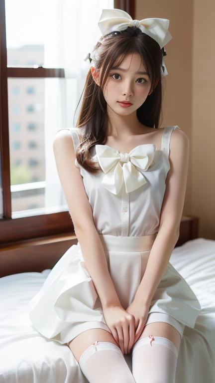 girl, skirt,(( white stockings)),(( masterpiece, Best Quality, high resolution )), ( Ultra HD, Very Detailed), (Bow:1.5), beautiful and delicate face