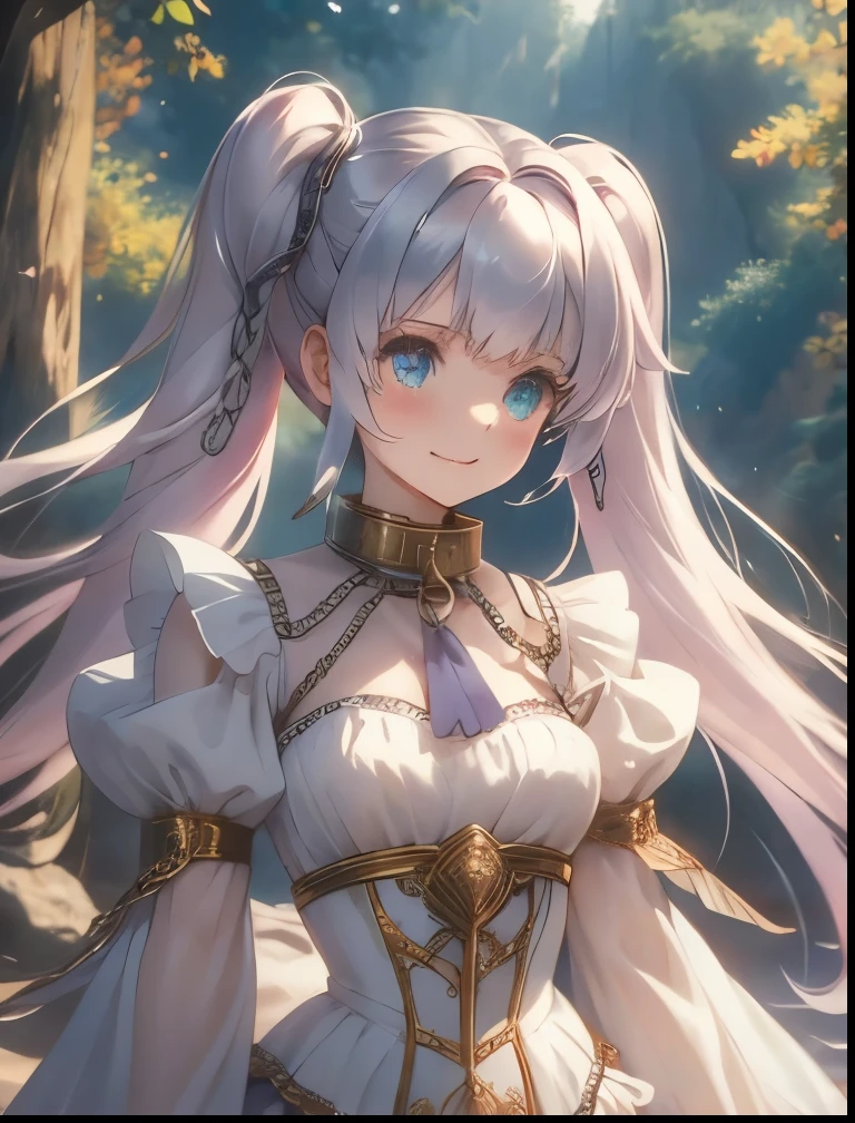 (((SFW、Precision、Highest quality、A first-class masterpiece、Normal body、8k、 Detailed Face 、Ultra-precision、 Normal hand、5refer to、Highest)))、" I said my ability was average"、Miles、 Adele Von Askam 、Pink silver hair、Warm Beautiful Girl 、 Slender 、 twin tails、Magic Swordsman、 soft smile 、 underwear transparent transparent word、transparent nipple clothing 、Shyly blush and smile 、The Fall of Slaves、lead slave collar、Chain、Iron Collar、Chain Home、cuff to collar