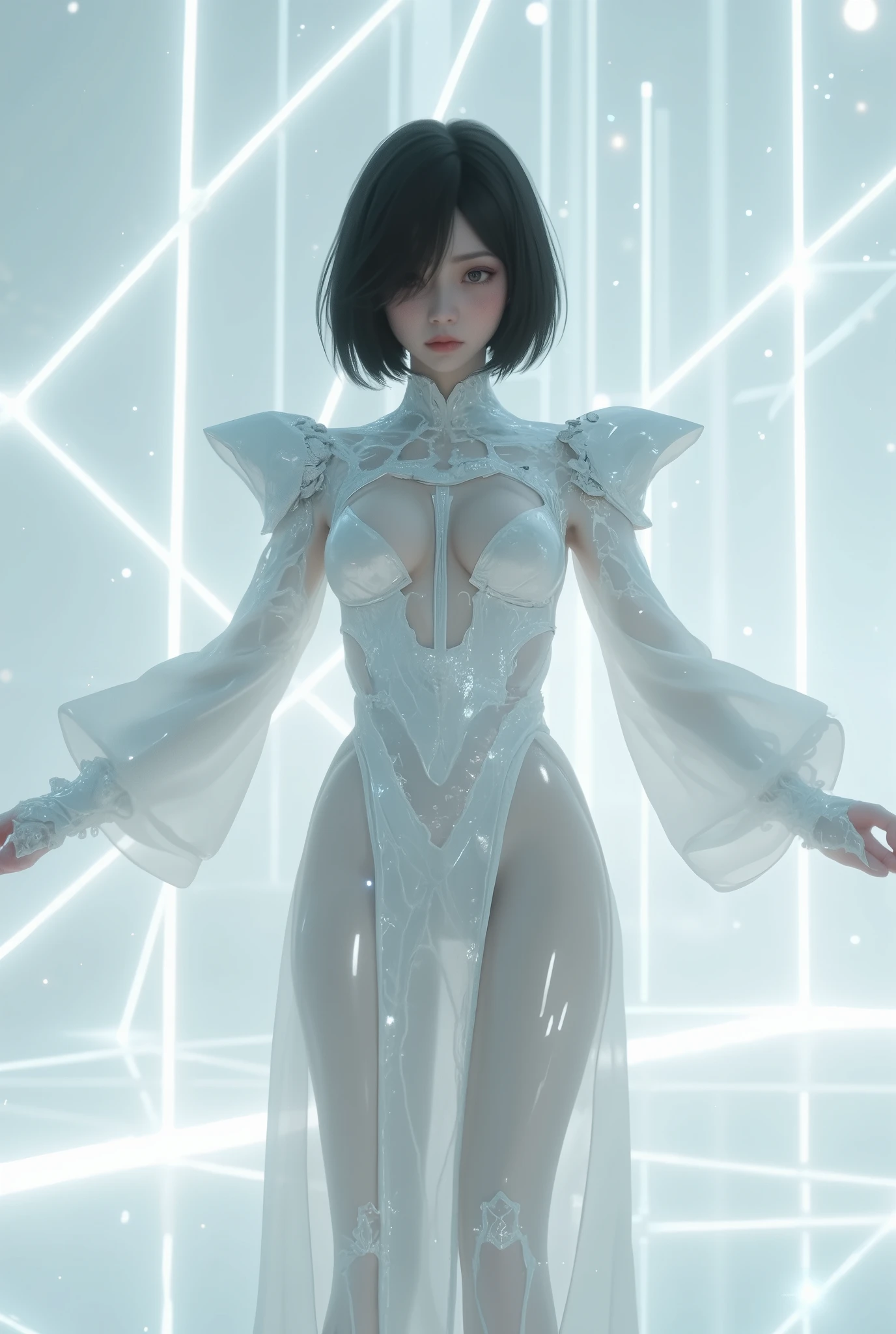 glowing, ((whole body)), ((from below)), ((gufeng,bare shoulders)), clear face, pretty face, 8k, masterpiece, original photo, best quality, detail:1.2,lifelike, detail, Very detailed, CG, unity, wallpaper, depth of field, movie light, lens flare, Ray tracing, (extremely beautiful face, beautiful lips, beautiful eyes), complicated, detail的脸, ((ultra detailed skin)), 1 girl, in the darkness, deep shadow, beautiful korean girl, kpop idol,(Very slim figure:1.3), plump breasts, Slender sexy legs, elegant posture, (bright smile), (City night, (neon lights), (night), beautiful korean girl, white diamond earrings, diameter bracelet, Dia Necklace, clear eyes, facing forward, (big eyes)