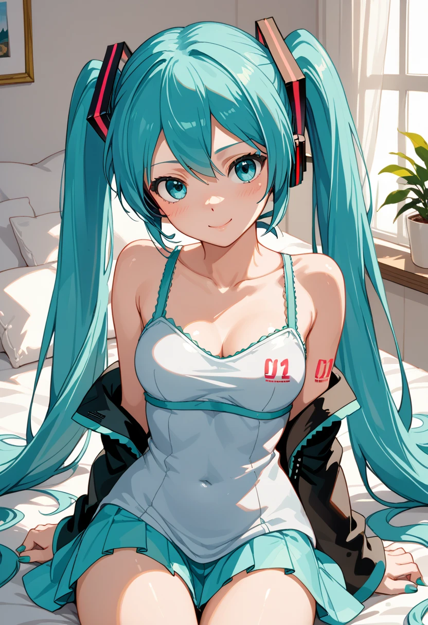 (masterpiece), (highest quality), Very detailed, High resolution, One girl, Focus Only, Skin dents,Sports Bra,Shorts,pantyhose, Perfect Face, Swollen face, Beautiful Face, Big eyes, Puffy eyes, Perfect Eyes, eyelash,Hatsune Miku,Very detailed顔,