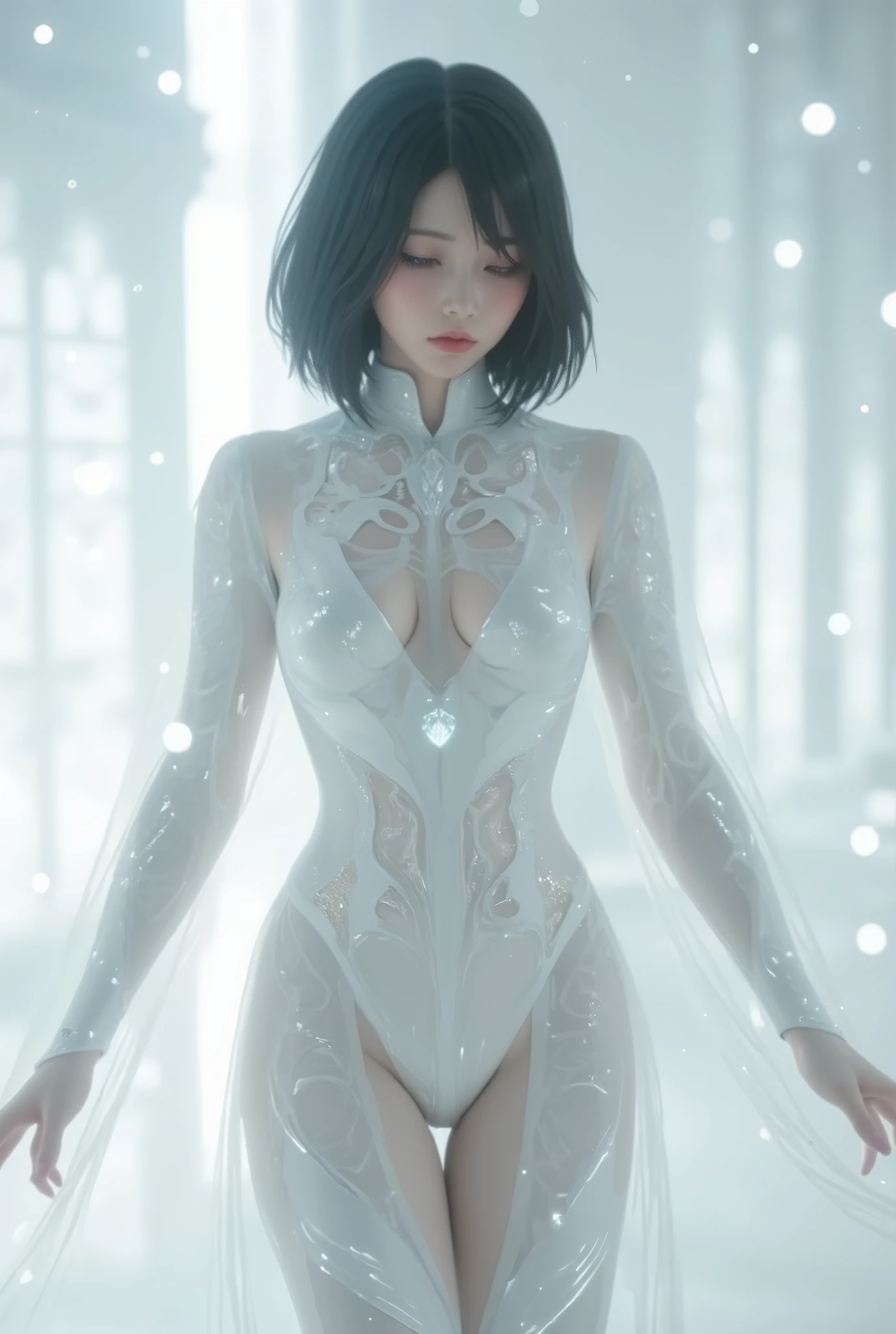 A stylized illustration of a female figure in a style inspired by Asian art. The figure has a serene countenance, with a pale face and delicate features. She is shrouded in a mysterious aura, highlighted by a neutral colored background. The figure is adorned with futuristic elements, like rays of light emanating from the head and skeletal hands that envelop it. The predominant colors are red, blacks and shades of gray, creating a strong and dramatic contrast. The image has a surreal and ethereal feel, evoking a sense of dark and enigmatic beauty