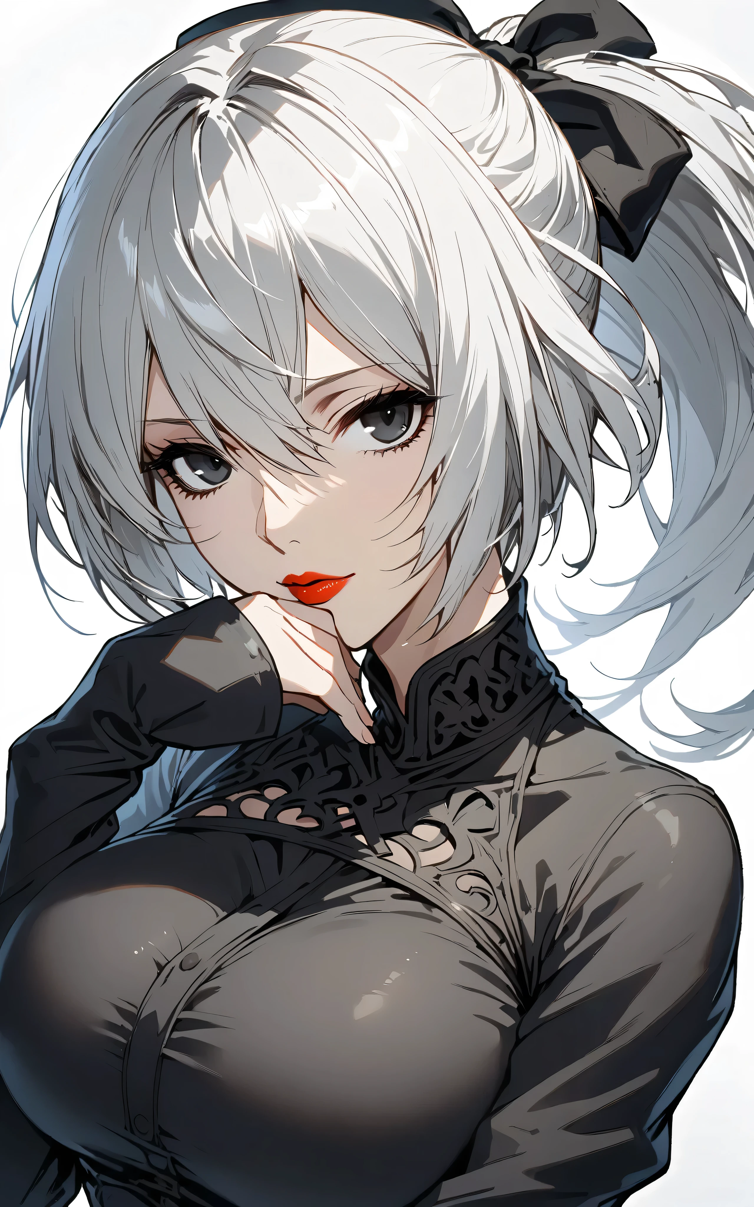 1girl, black eyes, black shirt, closed mouth, collared shirt, hand on own face, big breasts, hand to own mouth, hand up, lips, long hair, long sleeves, looking at viewer, ponytail, red lips, shirt, sleeves past wrists, solo, upper body, white background, nier \(series\), yorha no. 2 type b, nier, 2type B, nier automata, Breasts, Short Hair, White Hair,
