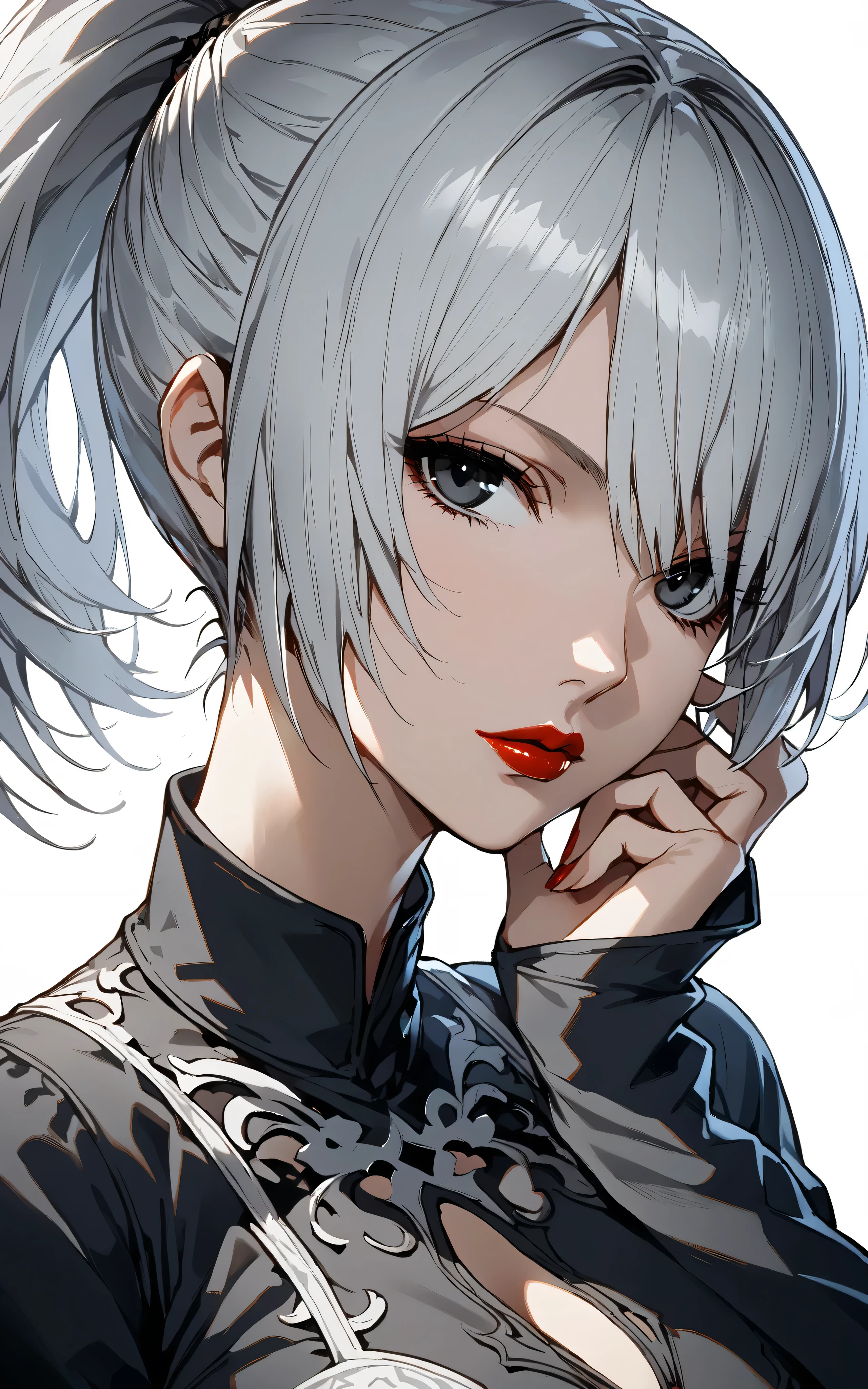 1girl, black eyes, black shirt, closed mouth, collared shirt, hand on own face, big breasts, hand to own mouth, hand up, lips, long hair, long sleeves, looking at viewer, ponytail, red lips, shirt, sleeves past wrists, solo, upper body, white background, nier \(series\), yorha no. 2 type b, nier, 2type B, nier automata, Breasts, Short Hair, White Hair,