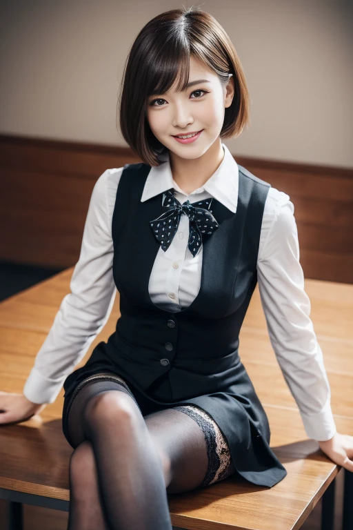 Highest quality、masterpiece、8k、Very detailed、Realistic、Looking at me with a smile、whole body、Black Hair、Short Hair、Small face、Slender、(Very large breasts:1.2)、Thin and beautiful legs、narrow and constricted waist,、(Tight reception uniform:1.2)