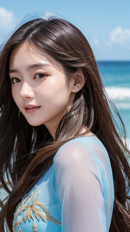 ((Extremely precise and accurate anatomy)), (masterpiece:1.43), Perfect balance, Realistic photos, Artistic body:1.22、young woman、Very realistic、High resolution photos、Backlight、Shoulder-length chestnut hair、The eyes are a striking green with gold flecks..、natureなアーチ型の眉毛、The skin is white and smooth、nature,、Healthy shine、natureな表情、Straight and white teeth、A micro bikini made of soft and light fabric that fits snugly....、Sunlit beach in the evening、The sea swaying in the wind、Clear deep blue sky with white clouds、The sunlight is warm and golden、顔の特徴や衣服の質感を強調するnatureなハイライトと影、メイクは最小限でnature、Light Foundation、A faint blush、Subtle eyeliner、A little mascara々々々々、Soft pink lip color、Mr..々Facial expressions and poses、Wavy Hair、A sense of movement and vitality、(((Shallow depth of field effect)))、Image focus、The atmosphere is warm、The energy of joy、natureの美