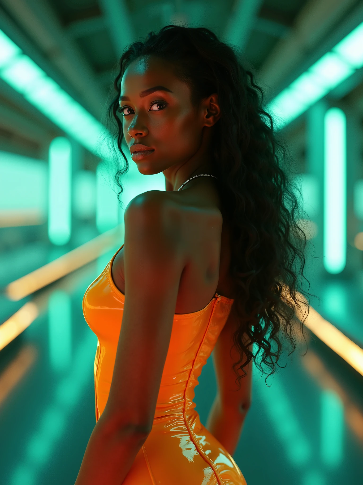 1girl, in laboratory, (18 years old), (Latina), dark skin, wide shot, long wavy hair, orgasm, (floral sun dress), (Masterpiece, Professional lighting, 16k, 8k wallpaper, raw photo, photorealistic:1.8, ultra detailed, natural lighting, detailed skin sexy pose, open mouth, big lips, view from above, night time, eyes closed, magic energy, neon light