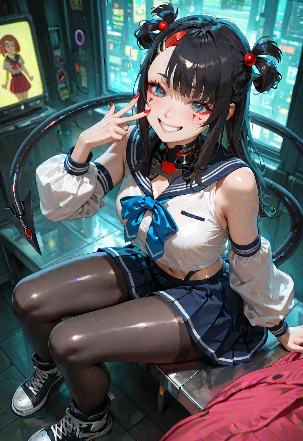 Lesbian、Sailor suit、Glasses、Pleated skirt、Hold out panties with both hands、(Pee in the toilet:1.8)Panties as a gift、Nipples、Sailor suit、Pleated skirt、Nipples攻撃