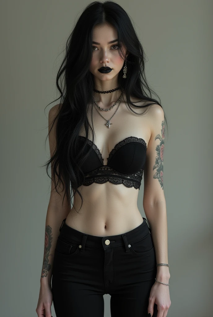 1girl, bare shoulders, black bra, black hair, black nails, bra, breasts, choker, hat, jewelry, long hair, makeup, open mouth, pants, realistic, sky, sleeveless, solo, tattoo, upper body <lora:G0thG1rl_sd15_style_v3:0.65> g0thg1rl