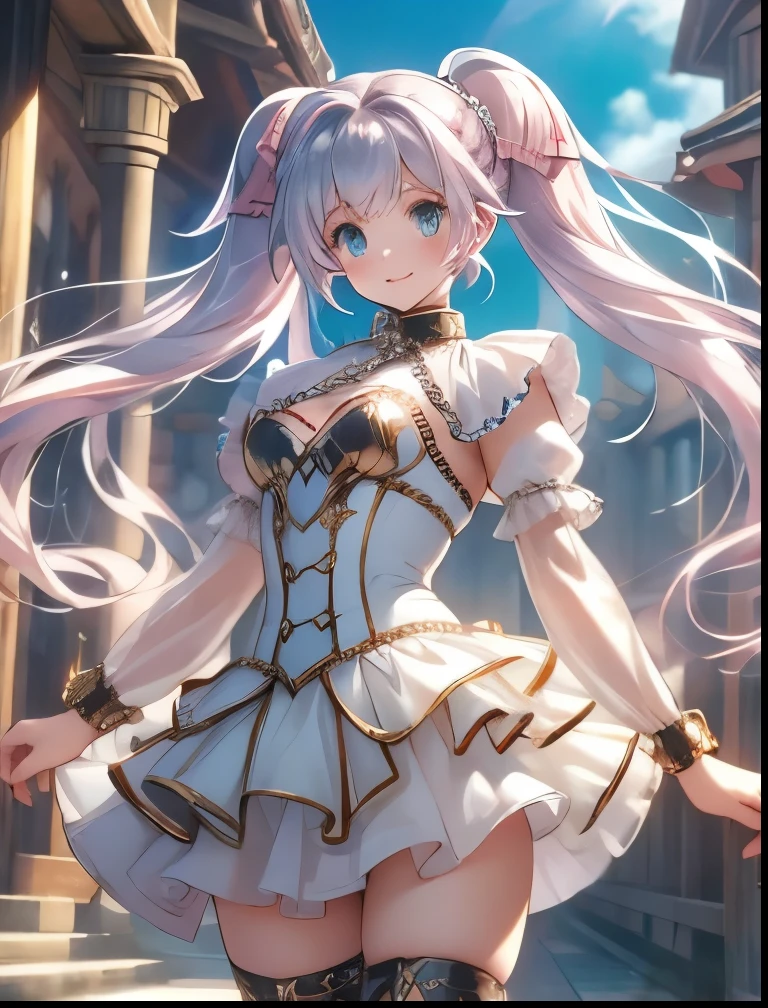 hermosa chica anime de piel blanca con una mini falda rosa,medias blancas con liguero,White corset with gold trim,ropa estilo steampunk,cuerpo completo,cabello corto blanco,delineado rojo, ojos verdes,lentes rosas,estilo rococo,UHD,HDR,8k,en una ciudad retro futurista de noche