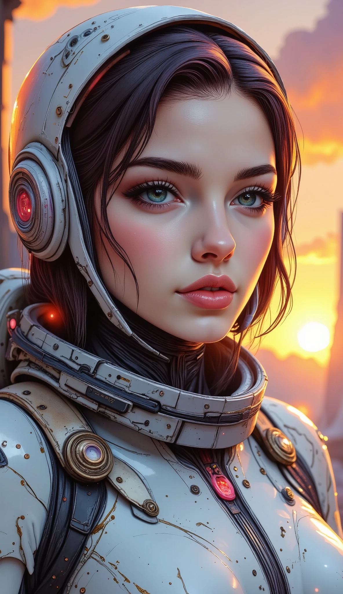  Arafed image of a woman in a futuristic suit with a spaceship in the background.,  cinematic art , in front of an orange background,  inspired by Robert McGinnis , female protagonist, Megastructure in the background,  portrait of an artificial intelligence astronaut , astronauts, an astronaut, portrait of a skeleton astronaut , perfect android girl,  Frank Franzzeta and Sakimichan   