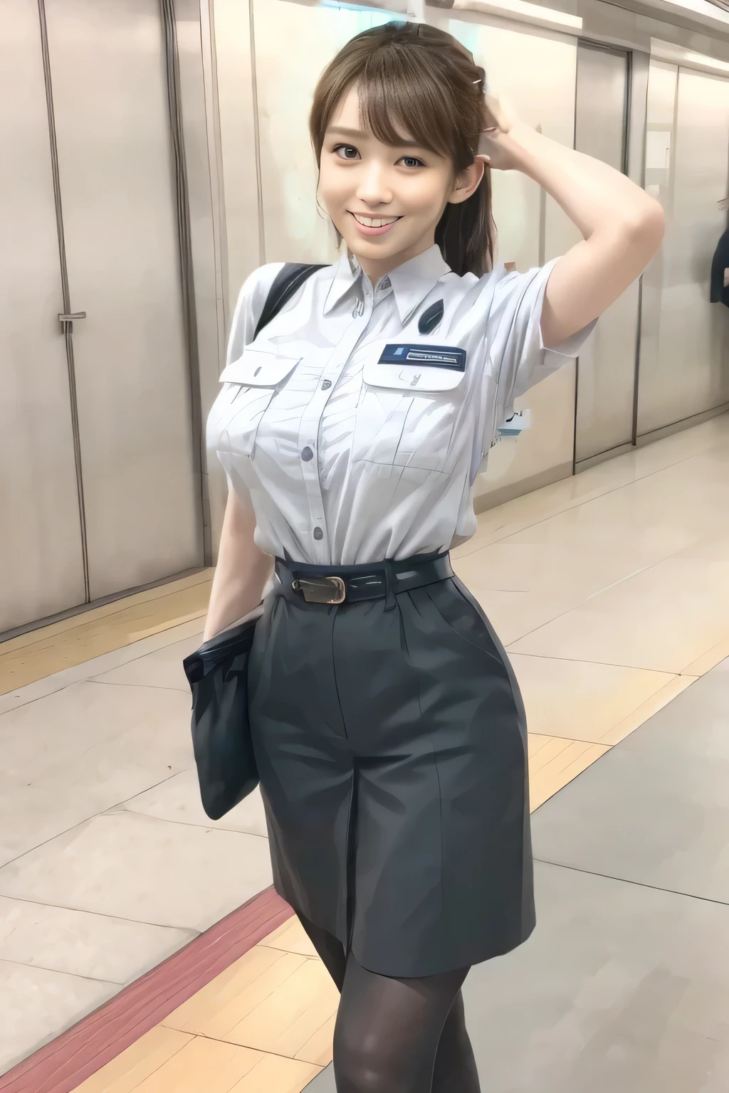 (Masterpiece:1.2, best quality :1.2), 32kHDR, high resolution, (Alone、 1 girl)、(Rooftop of a building during the day、 professional lighting)、Building rooftop background、( Tokyo Subway Woman Crew Uniform Real Style Woman 6)、(TOKYO SUBWAY WOMAN CREW UNIFORM BLOUSE SHORT SLEEVE 、 above knee culotte skirt、Waist belt)、、 dark brown hair 、( hair gathered、 hair bang)、 dark brown hair 、Long Hit、 big breast、Thin legs、(( amazing hands:2.0)),((harmonious body proportions:1.5)),((Normal limbs:2.0)),((Usually refers to:2.0)),(( Delicate Eyes:2.0)),((Normal eyes:2.0)))、(Beautiful standing figure showing the Tokyo Subway Woman Crew Uniform) 、Hands crossed underneath 、Shy smile