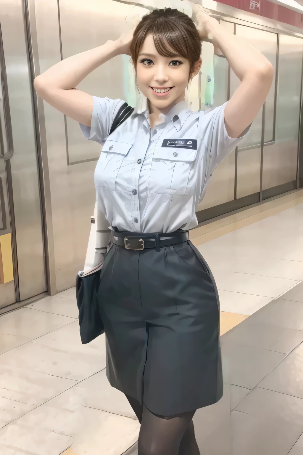 (Masterpiece:1.2, best quality :1.2), 32kHDR, high resolution, (Alone、 1 girl)、(Rooftop of a building during the day、 professional lighting)、Building rooftop background、( Tokyo Subway Woman Crew Uniform Real Style Woman 6)、(TOKYO SUBWAY WOMAN CREW UNIFORM BLOUSE SHORT SLEEVE 、 above knee culotte skirt、Waist belt)、 black pantyhose holding a puppy、 dark brown hair 、( hair gathered、 hair bang)、 dark brown hair 、Long Hit、 big breast、Thin legs、(( amazing hands:2.0)),((harmonious body proportions:1.5)),((Normal limbs:2.0)),((Usually refers to:2.0)),(( Delicate Eyes:2.0)),((Normal eyes:2.0)))、(Beautiful standing figure showing the Tokyo Subway Woman Crew Uniform) 、Hands crossed underneath 、Shy smile