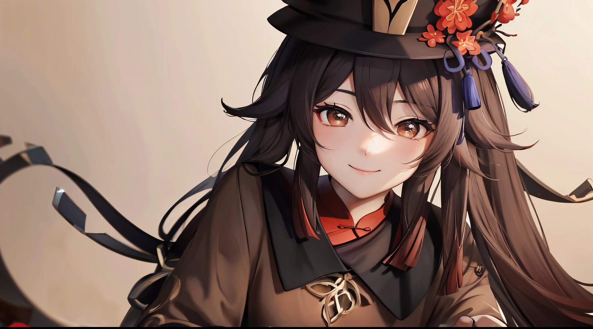 4k HD wallpaper, hu tao, painted and detailed background, details hair and clothes, smiling face with brown hair lying down, two pigtails with hat, perfect anatomy, enhance shading