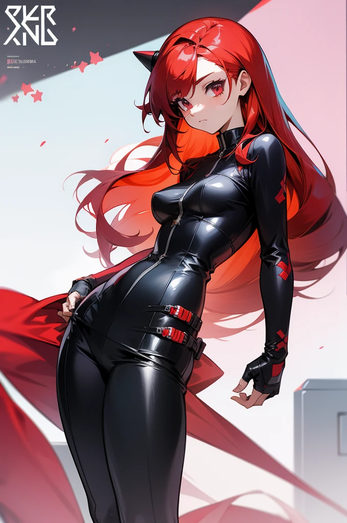 A breathtaking digital art piece showcases a redheaded woman with a scared and embarrassed expression, her ponytail made of fiery curls, and her bright, super-detailed eyes betraying her inner turmoil. Her full lips, painted an bold red, add to her allure. Boasting a chiseled physique and wide hips, she commands attention, wearing a form-fitting closed black leather jumpsuit. The shining surface of her suit accentuates her curves and enhances her shapes. Draped over her shoulders is a windbreaker with a hood, its neon pink interior providing a bold contrast. As she strides down a busy street, engrossed in her thoughts