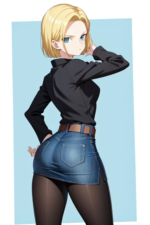 masterpiece, Highest quality, High resolution, (Artificial Human Room No. 18),1990s \(style\),(E-cup beautiful breasts)、height: 170cm,Muscular、((sexy))、(nsfw),独奏,Anicmme-style painting style, blonde hair, Blue eyes, belt, pearl_necklace, bracelet, black gloves, white shirt, short hair, short sleeves, earrings, black shorts,(black T-back) open vest, black vest,middle breasts,A composition that focuses on the whole body from behind,(Cool face)、Pointed eyes,Looking back pose,The lower half of the body is without pants and underwear is visible.、Black Thong,Exposed buttocks