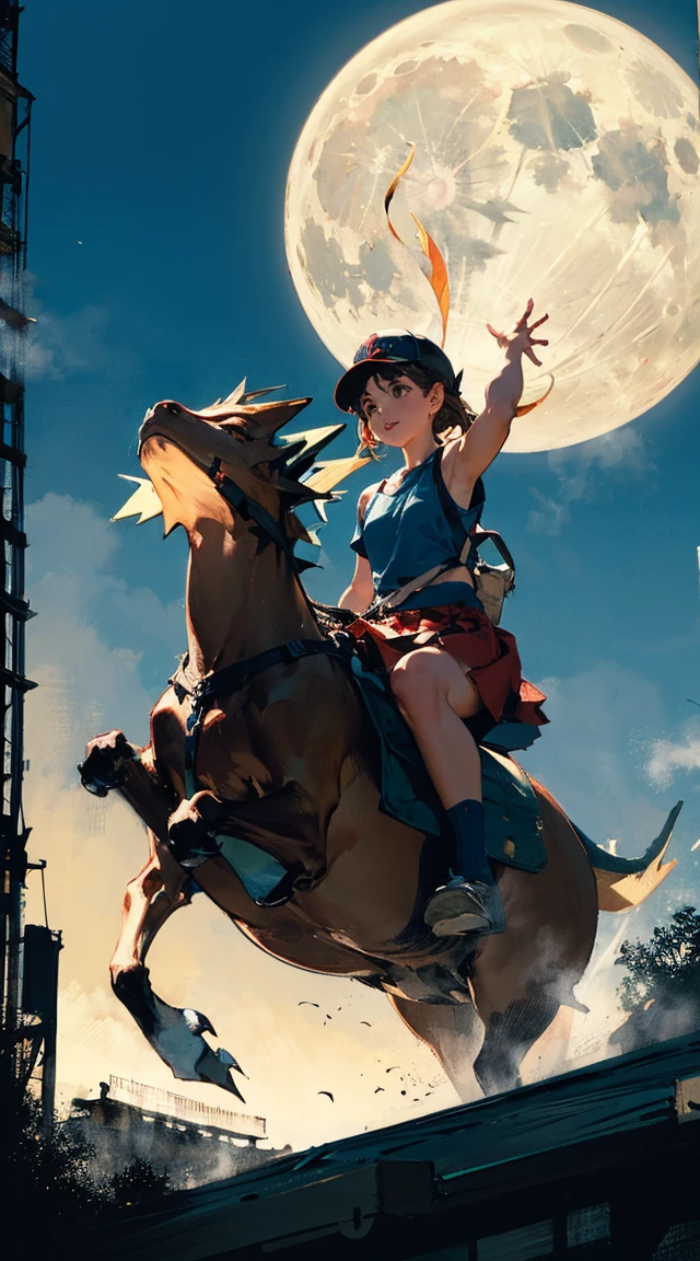 (Best Quality, Masterpiece: 1.1), (Realistic: 1.4), Beautiful schoolgirl is riding on the rainbow squid, god ray, teen, silver short hair, blue eyes, full body, from below, hourglass body shape, flying over the park, crystallineAI, fractal art, splash