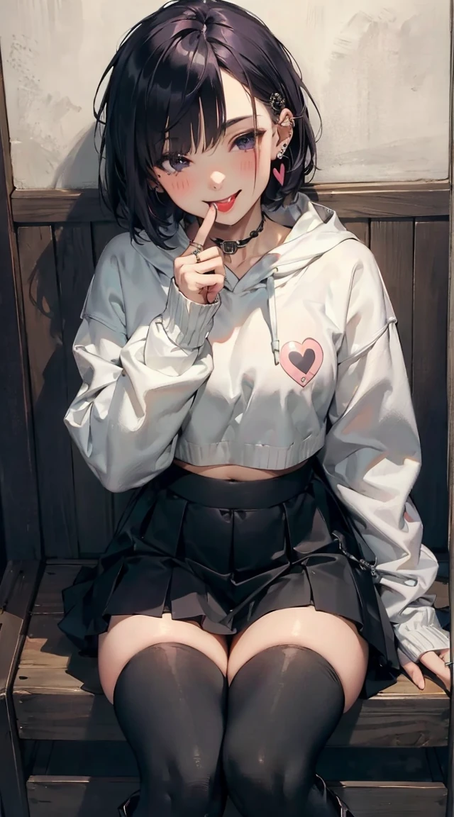 girl,gel,short bob hair,dark purple hair,white streaks,,hooded sweater,midriff,short skirt,zettai ryouiki,holding smartphone,chain accessory,small heart sticker on cheek, out,one-eyed wink, piercing,navel piercing,black boots,ring,invite smile,(naughty face:1.0),(finger to mouth:1.0),(wink:1.3),(head diagonally:1.2)(8k, best quality, masterpiece:1.2), (sharp focus:1.2)