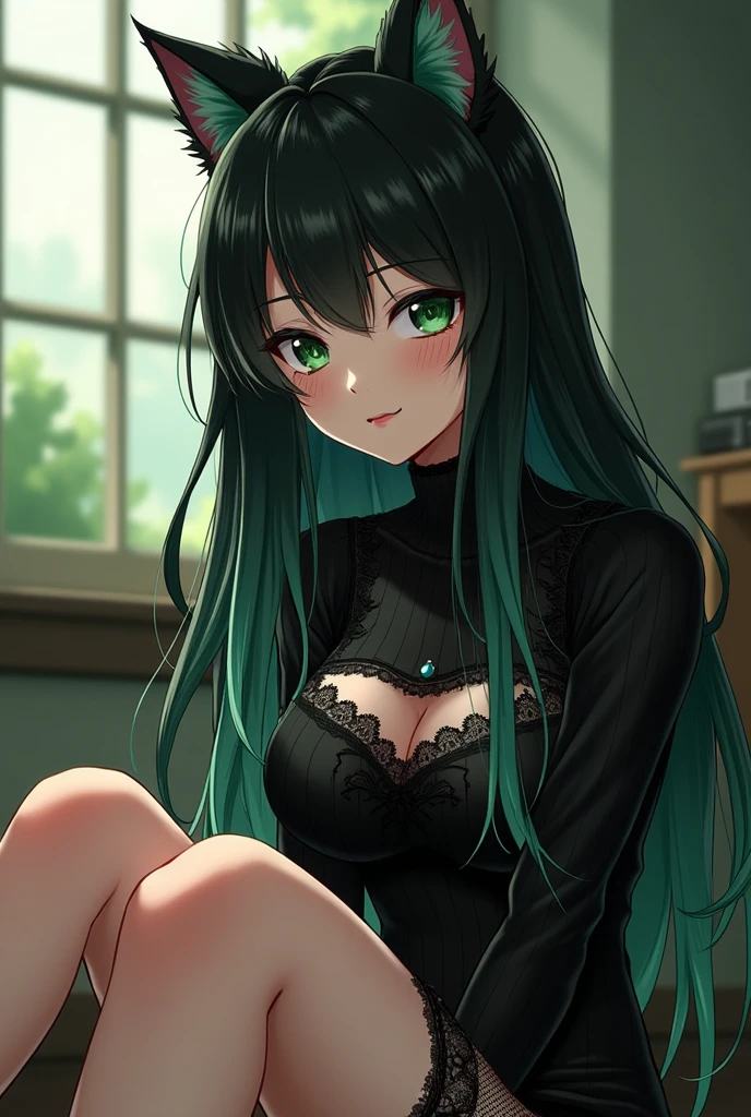 masterpiece, best quality, ultra-detailed, illustration, colorful, flat color, depth of field, 1girl, nidalee, anime, sitting, black hair, ponytail, green eyes, dark skin, fang necklace, white tribal marks, looking at viewer, at office, black business dress, pantyhose, black pantyhose, detailed skin texture, detailed cloth texture, beautiful detailed face