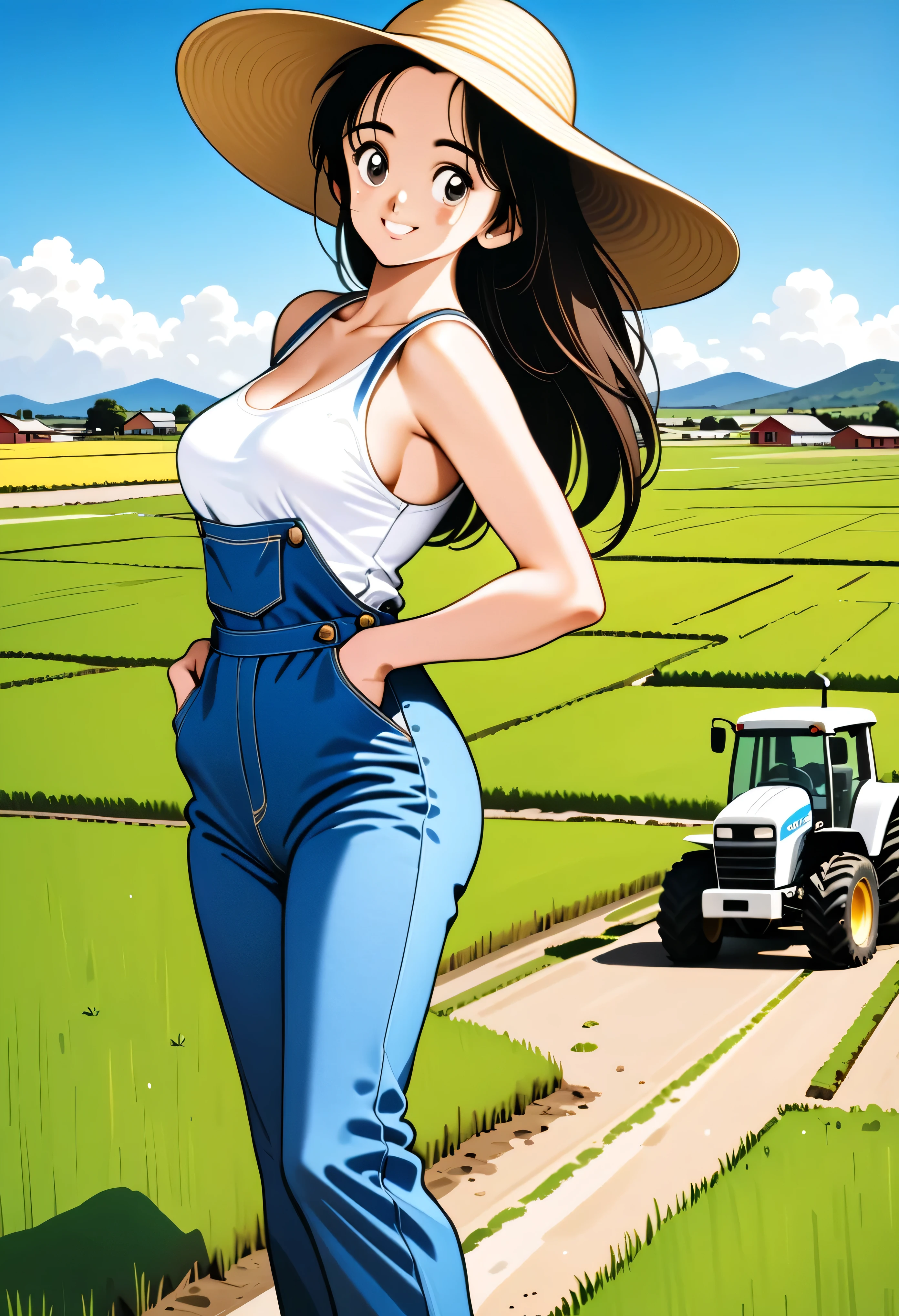 8K, raw photo, high quality, high detail, super high resolution, (photorealistic: 1.4), masterpiece, (amazing proportions: 1.6), (10 head body: 1.3), long legs, beautiful legs, tall height, super model, (Beautiful breasts:1.6), cleavage, camel toes, Paddy fields, rice fields, rural scenery, (a beautiful girl working on the farm:1.5), (half taking off denim jumpsuit:1.6), (a white tank top:1.6), (transparent pink nipples:0.8), sweat, (fabric damp with sweat:1.2), refreshing feeling, refreshing, happy smile, movie-like lighting, farm work in the background tractor, healthy sex appeal