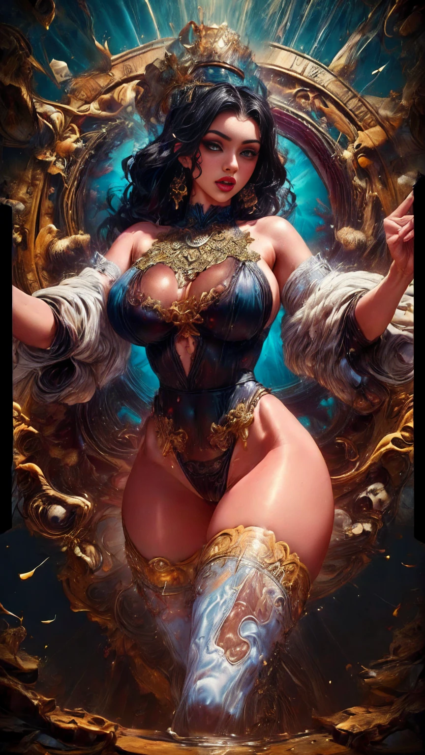 full body portrait of a beautiful woman, squatting spread legs, ((perfect feminine face)), (+long colorful wavy hair), (glitter freckles), glitter, wearing a dress, intricate, 8k, highly detailed, volumetric lighting, digital painting, intense, sharp, focus,character design concept art, (dark skinned:1.3), evil, (regal), monarch,athletic body, ((tattooed)), (((big breasts))), (cleavage overflow:1.3), (((big ass))),strong legs, ((soaking wet)), magnificent, posh, (dreds:0.9), high fantasy, portrait, perfect rendered face, perfect face details, grim, medium shot,realistic face, photo realistic, analog style, bf, masterpiece, best quality, ((intricate detail)), highres, ((drawn)), cinematic lighting, (((realism))) by Richard Corben, by Miles Aldridge, by John Atkinson Grimshaw, art by artgerm and rutkowski and alphonse mucha, cgsociety