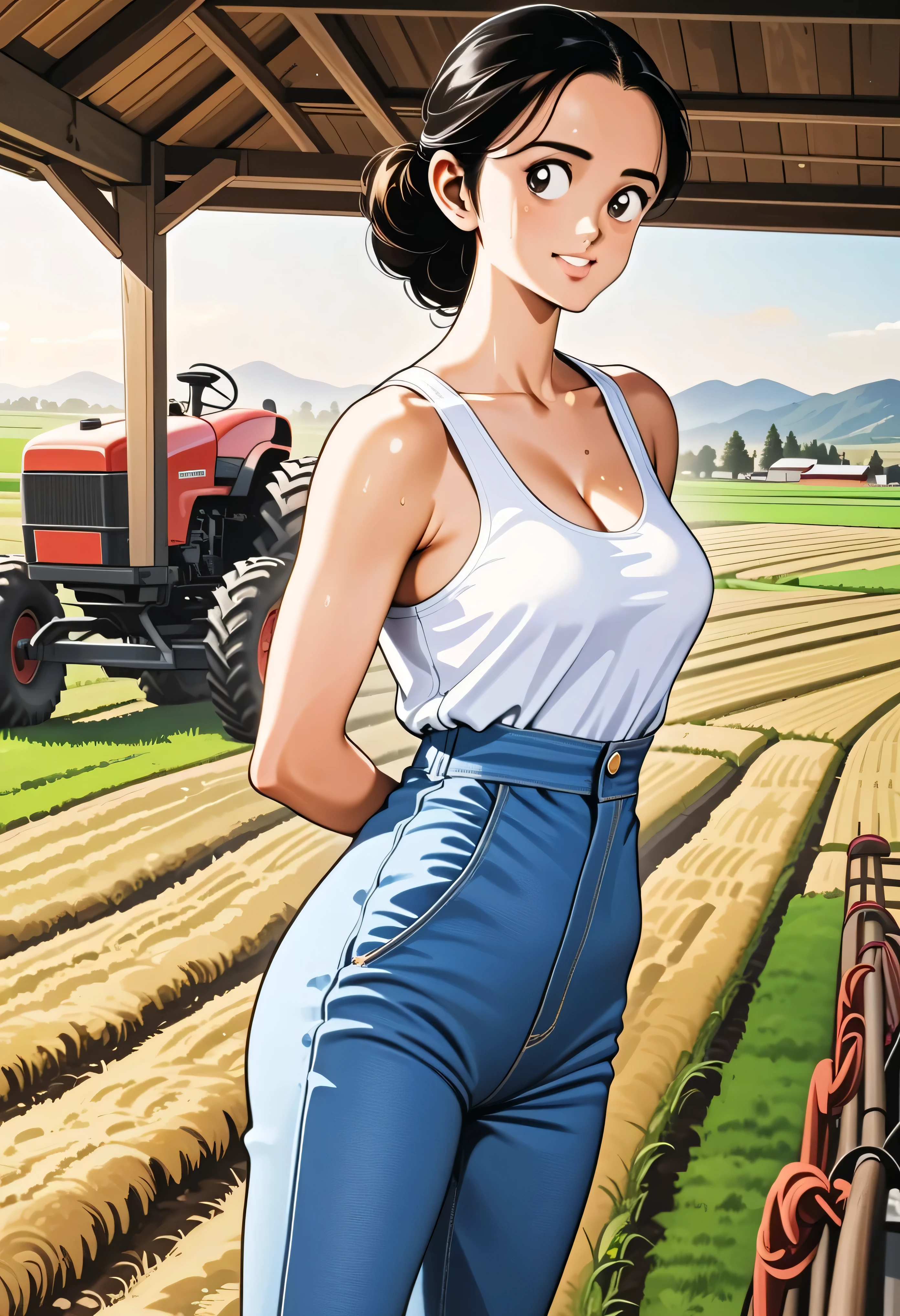 8K, raw photo, high quality, high detail, super high resolution, (photorealistic: 1.4), masterpiece, (amazing proportions: 1.6), (10 head body: 1.3), long legs, beautiful legs, tall height, super model, (Beautiful breasts:1.6), cleavage, camel toes, Paddy fields, rice fields, rural scenery, (a beautiful girl working on the farm:1.5), (half taking off denim jumpsuit:1.6), (a white tank top:1.6), (transparent pink nipples:0.8), sweat, (fabric damp with sweat:1.2), refreshing feeling, refreshing, happy smile, movie-like lighting, farm work in the background tractor, healthy sex appeal