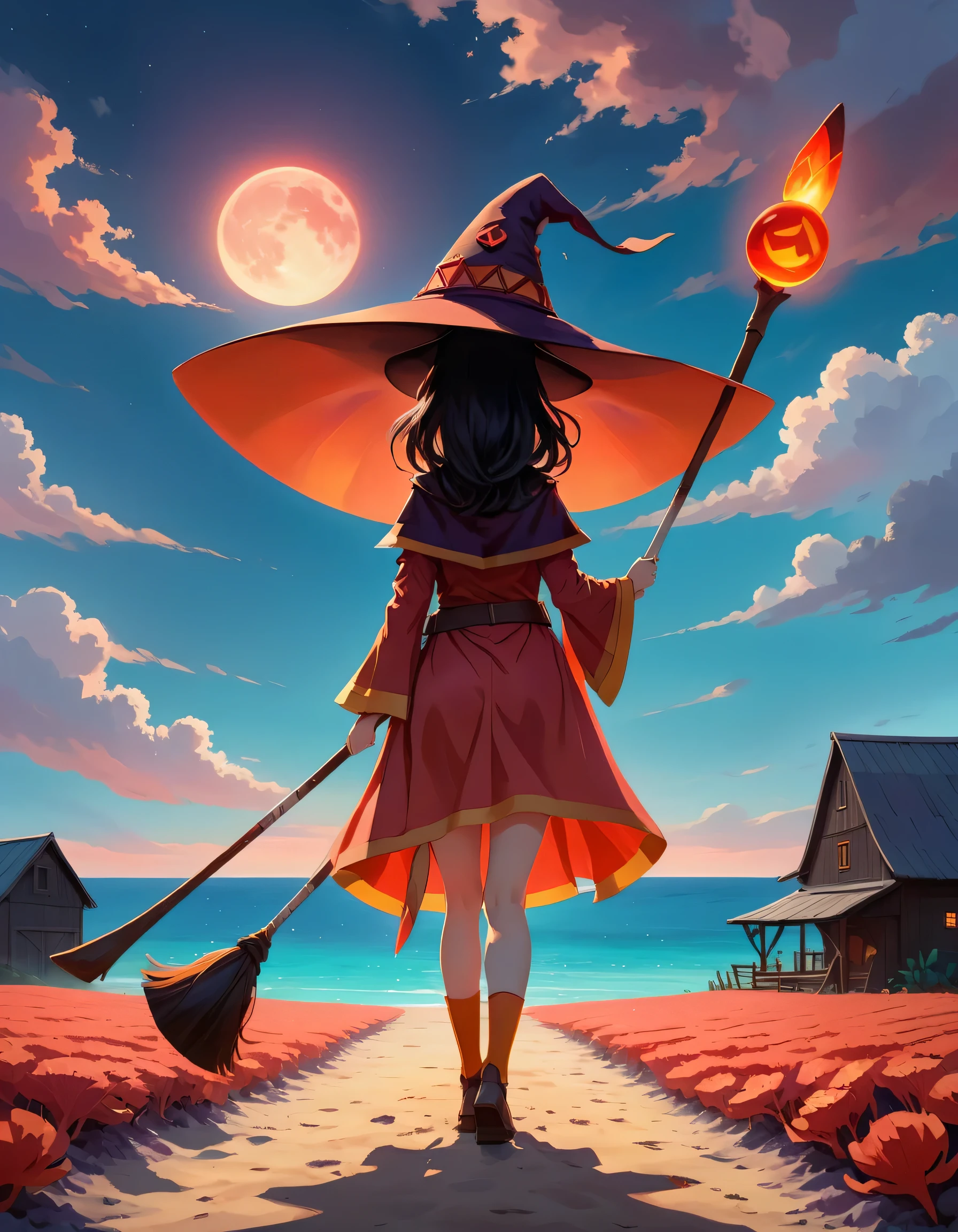 Color Field Painting 1girl megumin with witch hat and cape and one staff, from behind, smiling  , 
outside Art Deco Barn in Coral Reef, Overcast sky Weather Infinite sky at Evening glow
 ZIP2D , abstract, simple, geometic, color field painting style