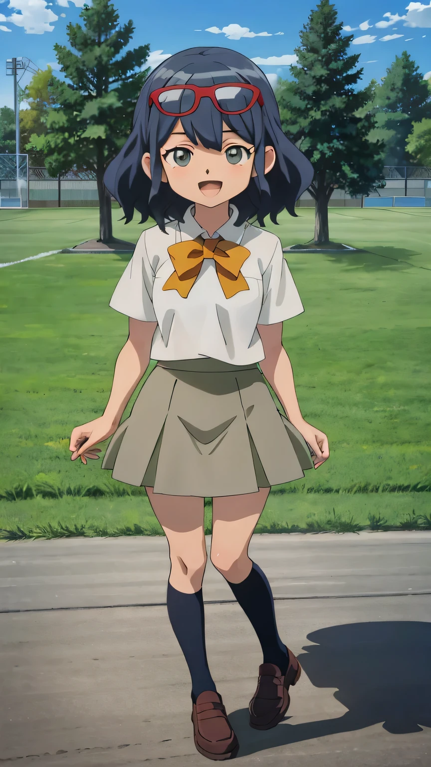 {{{masterpiece}}}, (best quality:1.5), (ultra-detailed:1.5), {illustration}, {{an extremely delicate and beautiful}}, (beautiful detailed eyes:1.6), absurdres, highres, extremely detailed face, 16k, hd, visual anime de uma jovem mulher, extremamente bonito rosto de anime, anime melhor garota, (perfect hands, perfect anatomy), anime face, Haruna Otonashi (Inazuma eleven), celia, 1girl, solo, cute face, blue hair, short hair, wavy hair, eyewear on head, red glasses, grey eyes, big eyes,medium breasts, big hips, curvaceous, BREAK, {school uniform}, {raimon junior high school uniform}, (white shirt:1.3), short sleeve, orange ribbon tie, mini skirt, pleated skirt, gray skirt, kneehighs socks, black socks, brown shoes, BREAK, smiling, looking at viewer, open mouth, flushed cheeks, flash effect, outdoor, mountain, daytime, forest, flower garden, field, sunshine, peer in from below