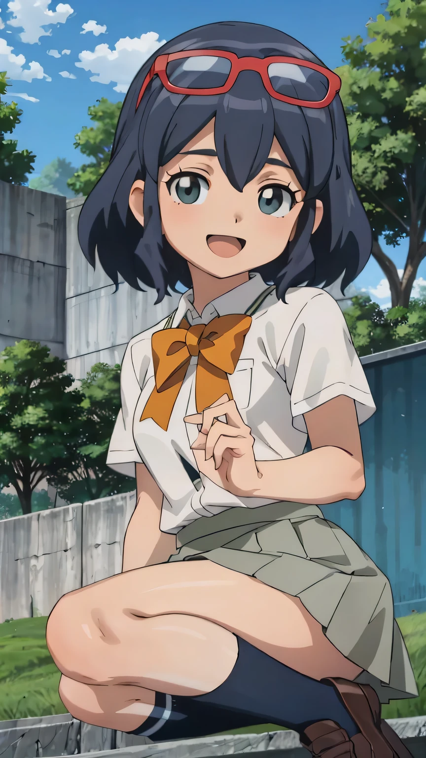 {{{masterpiece}}}, (best quality:1.5), (ultra-detailed:1.5), {illustration}, {{an extremely delicate and beautiful}}, (beautiful detailed eyes:1.6), absurdres, highres, extremely detailed face, 16k, hd, visual anime de uma jovem mulher, extremamente bonito rosto de anime, anime melhor garota, (perfect hands, perfect anatomy), anime face, Haruna Otonashi (Inazuma eleven), celia, 1girl, solo, cute face, blue hair, short hair, wavy hair, eyewear on head, red glasses, grey eyes, big eyes,medium breasts, big hips, curvaceous, BREAK, {school uniform}, {raimon junior high school uniform}, (white shirt:1.3), short sleeve, orange ribbon tie, mini skirt, pleated skirt, gray skirt, kneehighs socks, black socks, brown shoes, BREAK, smiling, looking at viewer, open mouth, flushed cheeks, flash effect, outdoor, mountain, daytime, forest, flower garden, field, sunshine, peer in from below